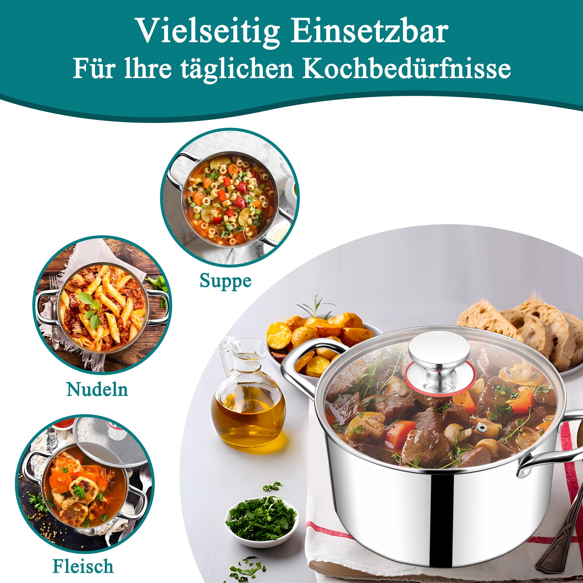 HaWare Olla de 22 cm para inducción de acero inoxidable de 3 capas, 4,8 L, con tapa de cristal para todo tipo de cocinas, sopa y carne para cocinar, saludable y sin revestimiento, apta para