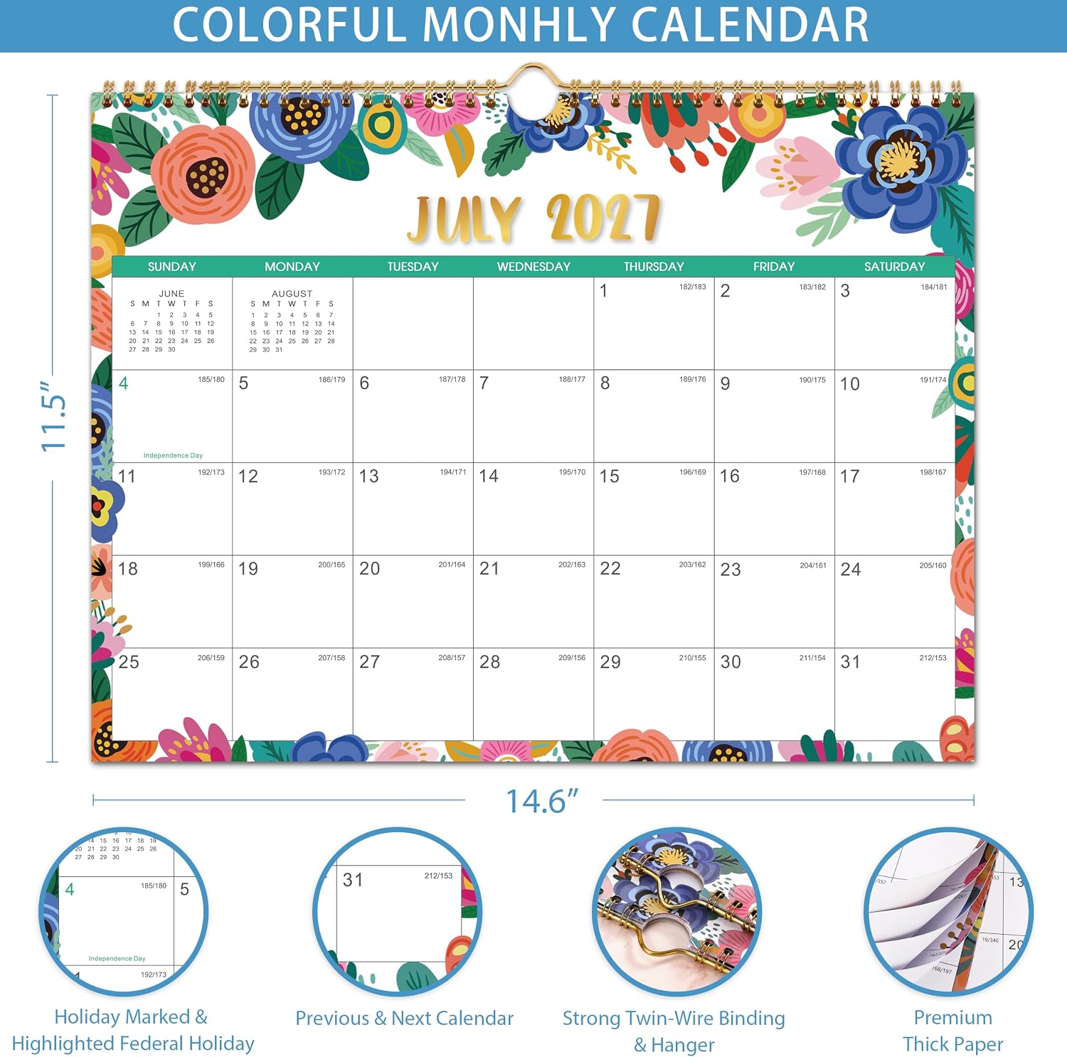 2027 Calendar - 2027 Wall Calendar, JAN 2027 - DEC 2027, 14.6" x 11.5", 2027 Wall Calendar 12 Month with Hanging Hook, for School, Home, Office Organization image 4