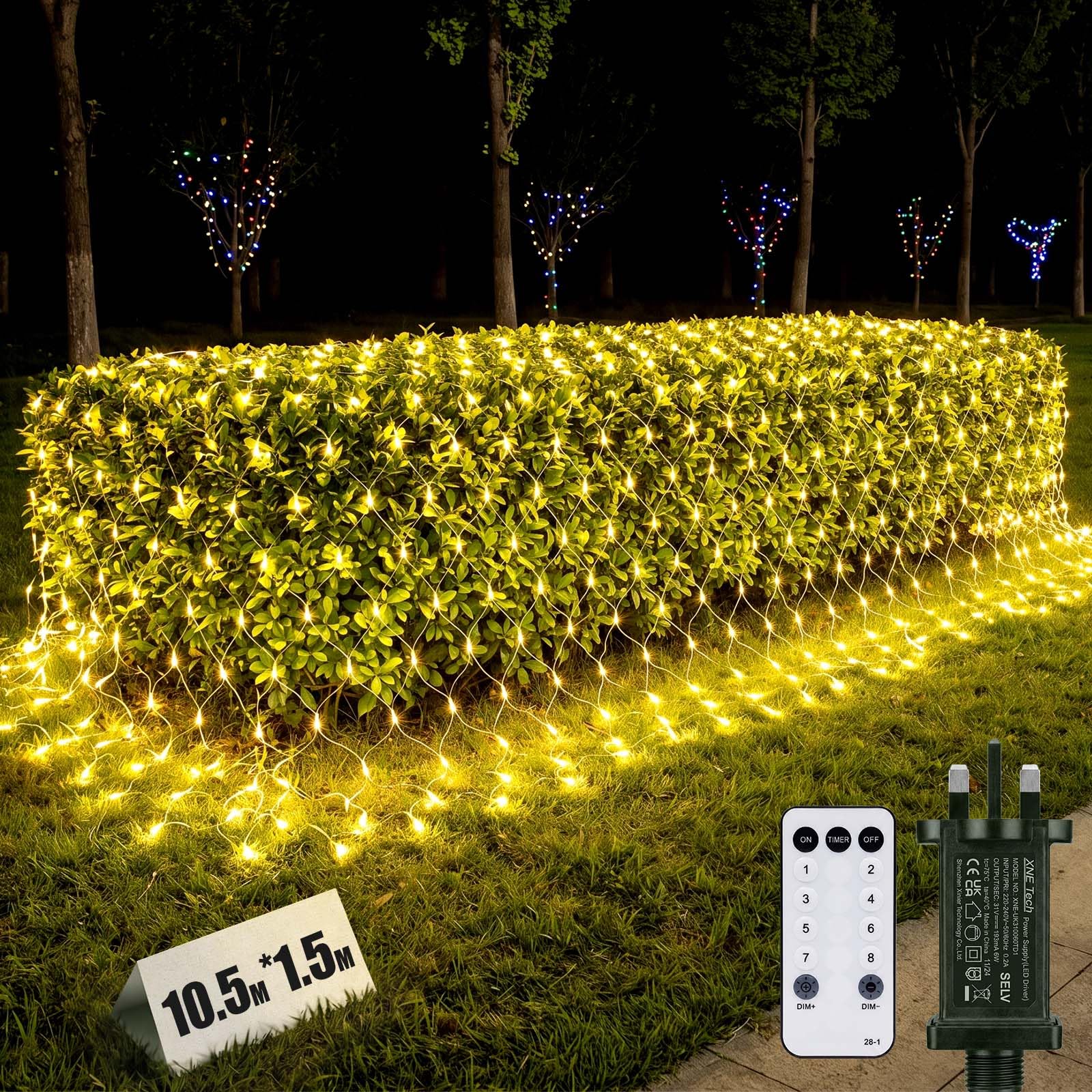 HEYCOLOR 10.5x1.5m Christmas Net Lights Outdoor Waterproof, 610LED Large Mesh Light Plug in, 8 Modes Christmas Lights with Remote Indoor for Wall Bush Fence Garden Patio Lawn Window (Warm White)
