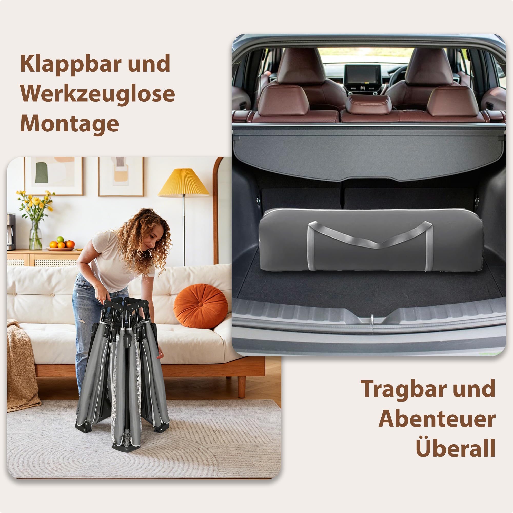 Laufstall Baby Faltbar mit Matte & Tragetasche, 124 × 124 cm Baby Laufgitter, Werkzeuglose Montage in 1 Minute, Sicherer Laufstall für Innen- & Außenbereich