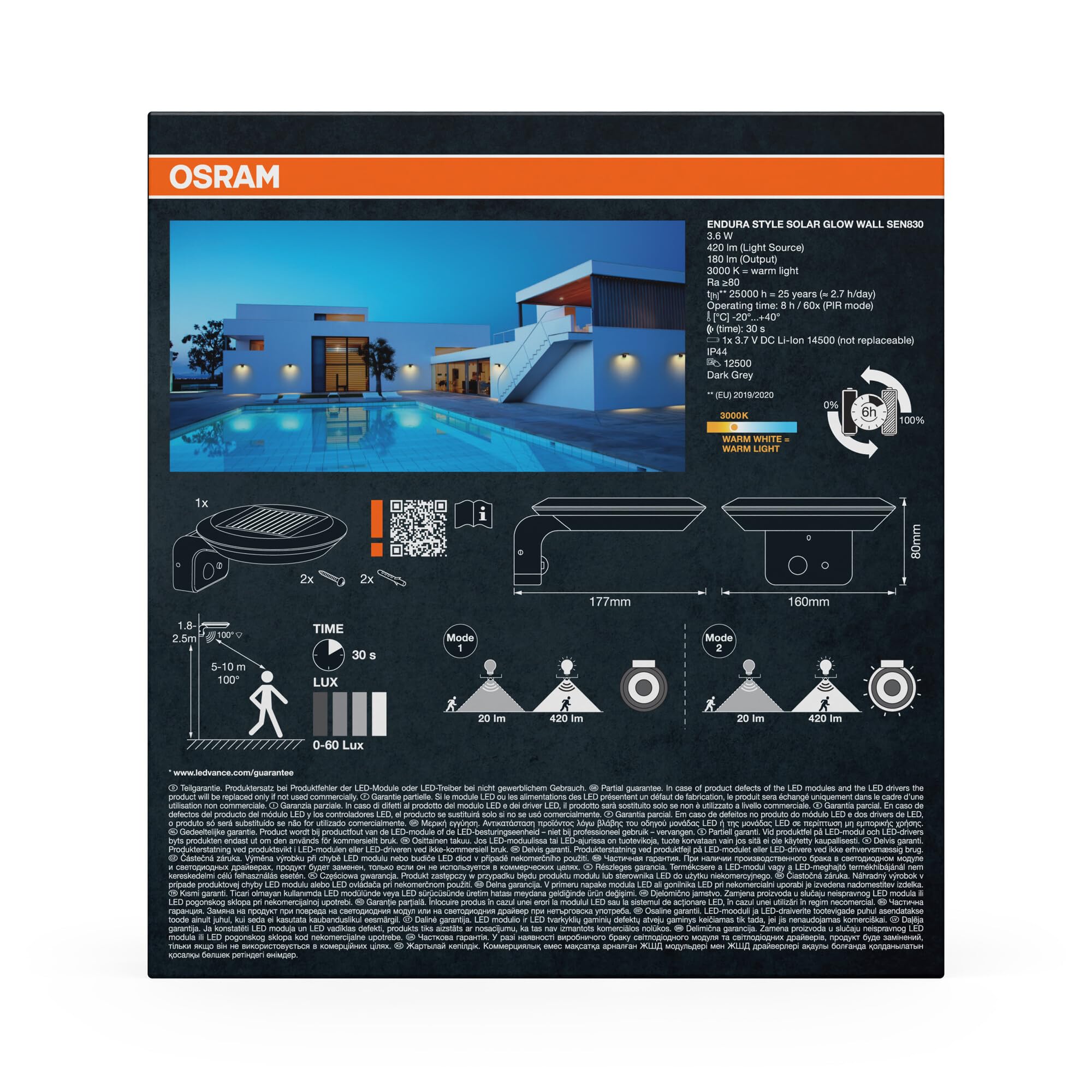 OSRAM Solarna Oprawa ścienna ENDURA Style Glow, dwa oddzielnie sterowane pierścienie świetlne, ciepłobiałe światło (3000K), zintegrowany czujnik, do użytku bez zasilania, stopień ochrony IP44,