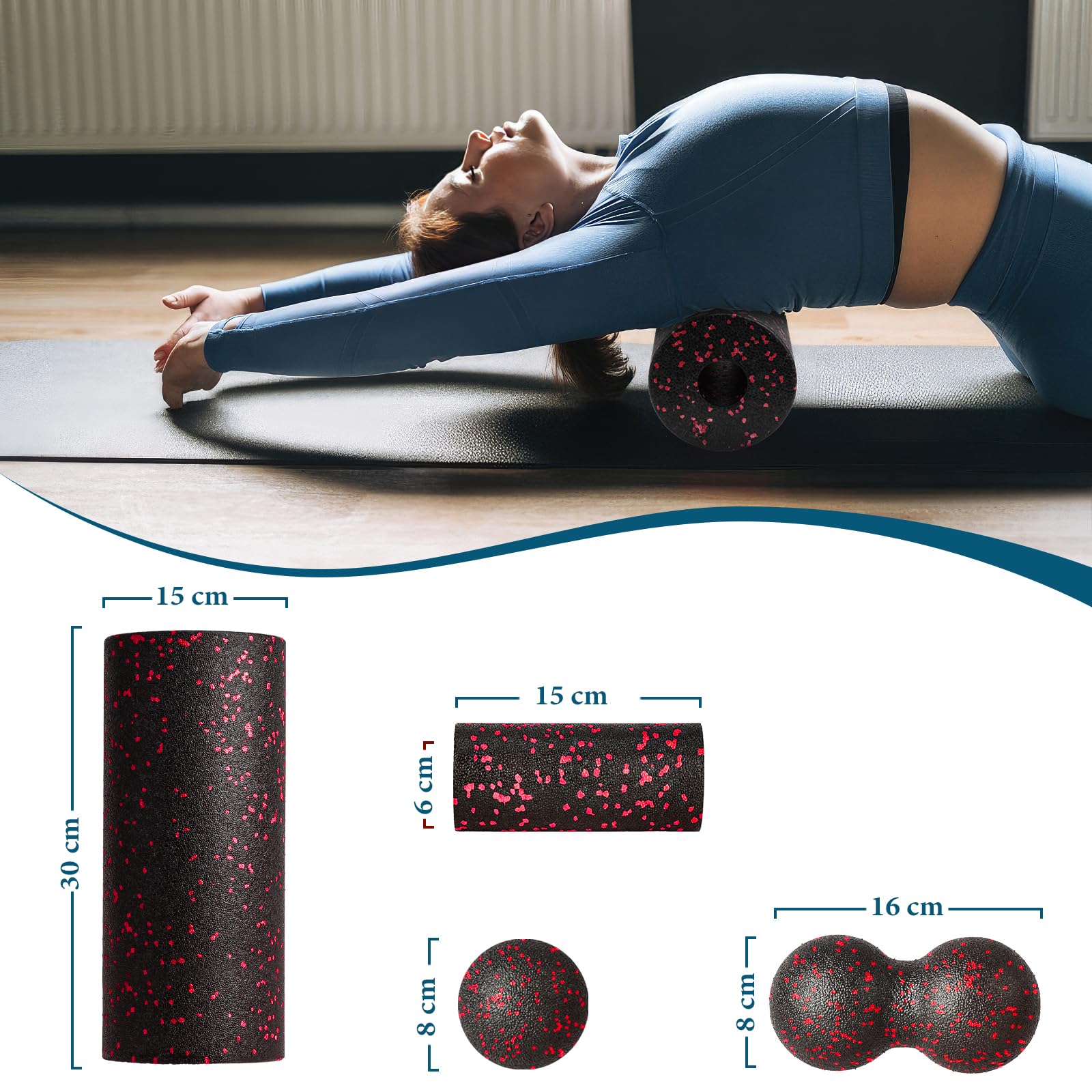 Zestaw wałków do masażu powięzi Blackroll Foam Roller zestaw z piłką do masażu powięzi, mały wałek do masażu powięzi, mały i podwójna piłka, do jogi, powięzi, treningu mięśni, czerwony