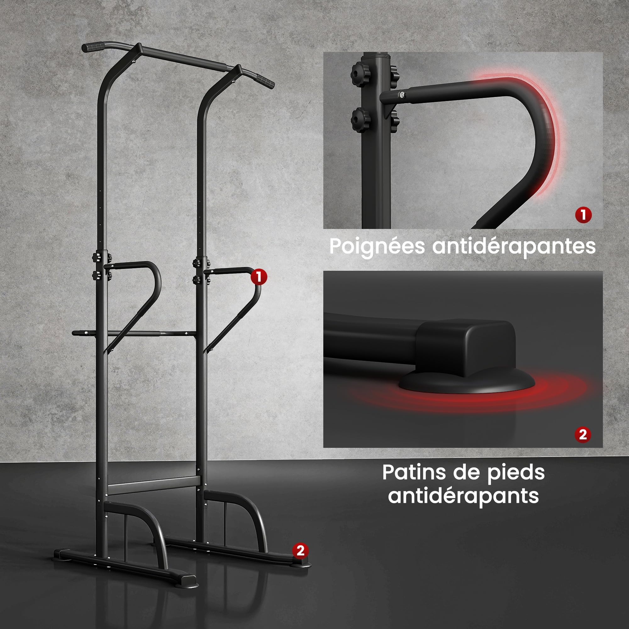 HOMCOM Station de Musculation Multifonctions Barre de Traction Chaise Romaine Hauteur réglable Acier Noir Rouge