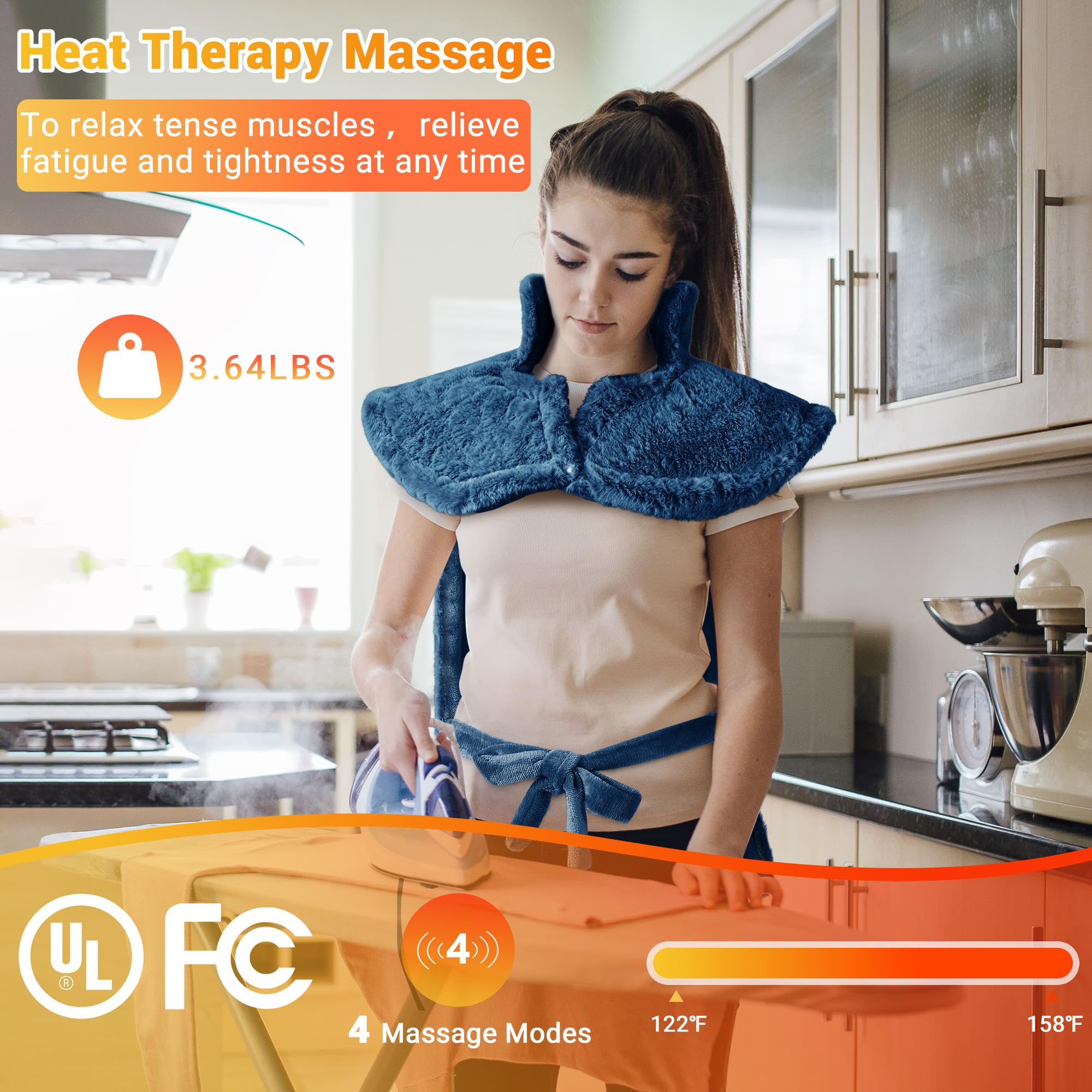 Almohadilla térmica de masaje para cuello, hombros y espalda, almohadilla térmica eléctrica grande de 24 x 35 pulgadas para aliviar el dolor de espalda con 3 niveles de calor, 4 ajustes de masaje