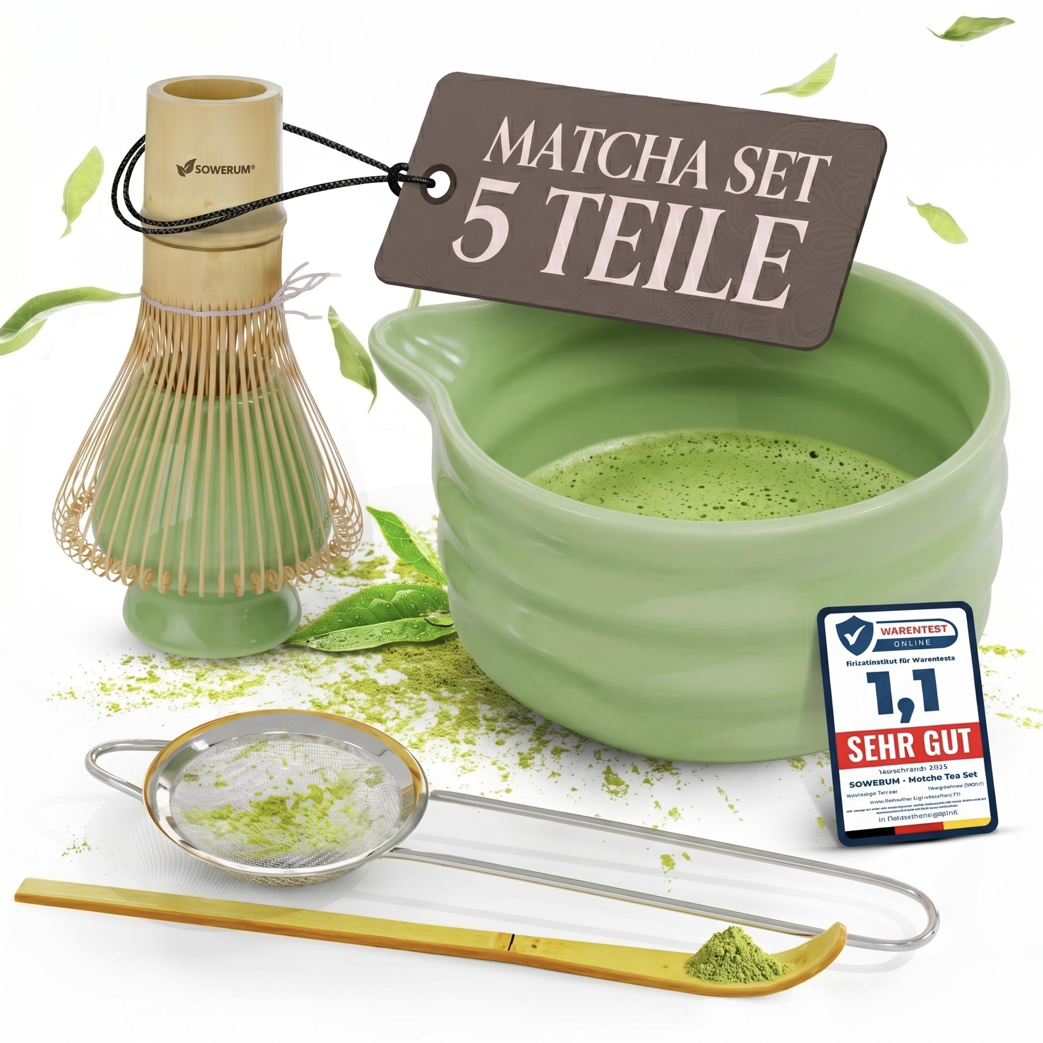Matcha Set 5-teilig – Matcha Zeremonie Set mit Schale, Bambusbesen, Halter, Sieb & Löffel – Japanisches Tee Set Geschenk für Frauen & Männer – Matcha Zubehör Starter Set (Grün) (Grün)