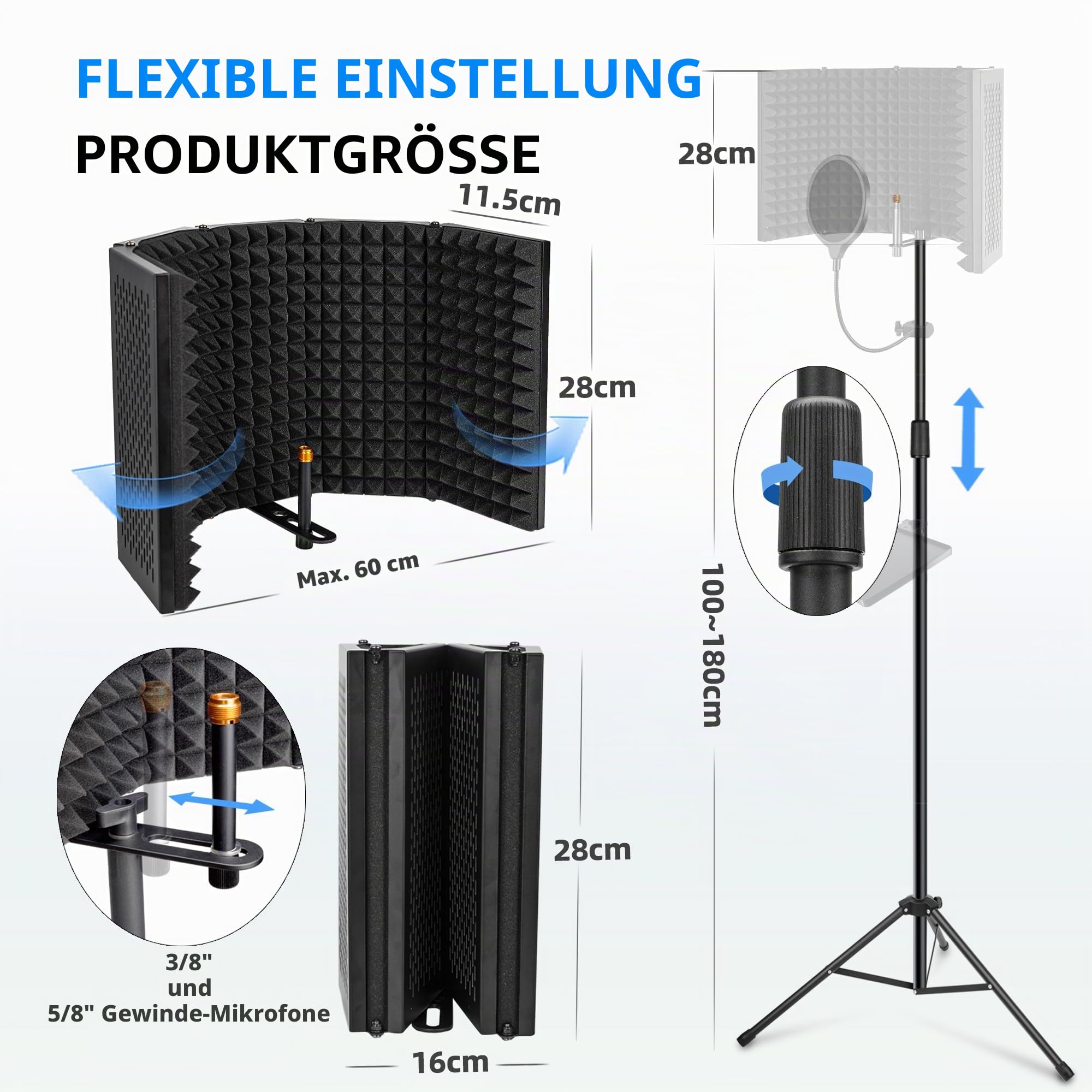 Mikrofon Isolationsschild Set, Schaumstoffschutz mit Pop-Filter, Stativständer, Faltbares Design