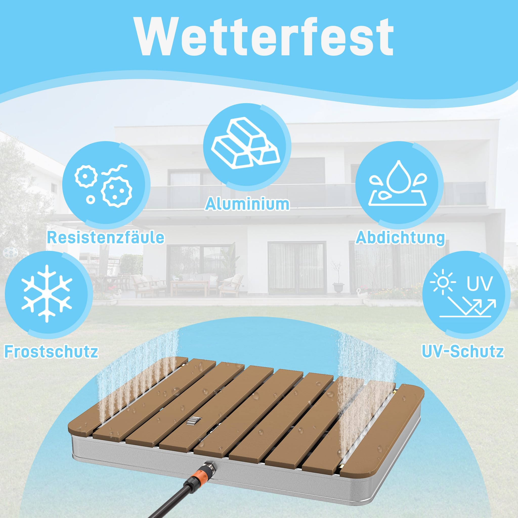 Froadp Gartendusche Campingdusche Aluminium & WPC Bodendusche Holzfarbe Saunadusche mit rutschfeste Standfläche 55x70cm Wetterfest Holzoptik Außendusche für Standard-Gartenschläuche (Rechteckig)