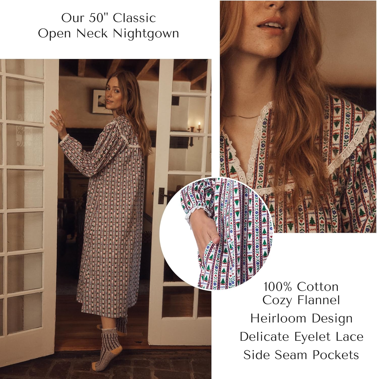 Lanz of Salzburg Sleepwear for Women Classic Long Sleeve Open Neck Soft Flannel Pajama Nightgown - Image 5