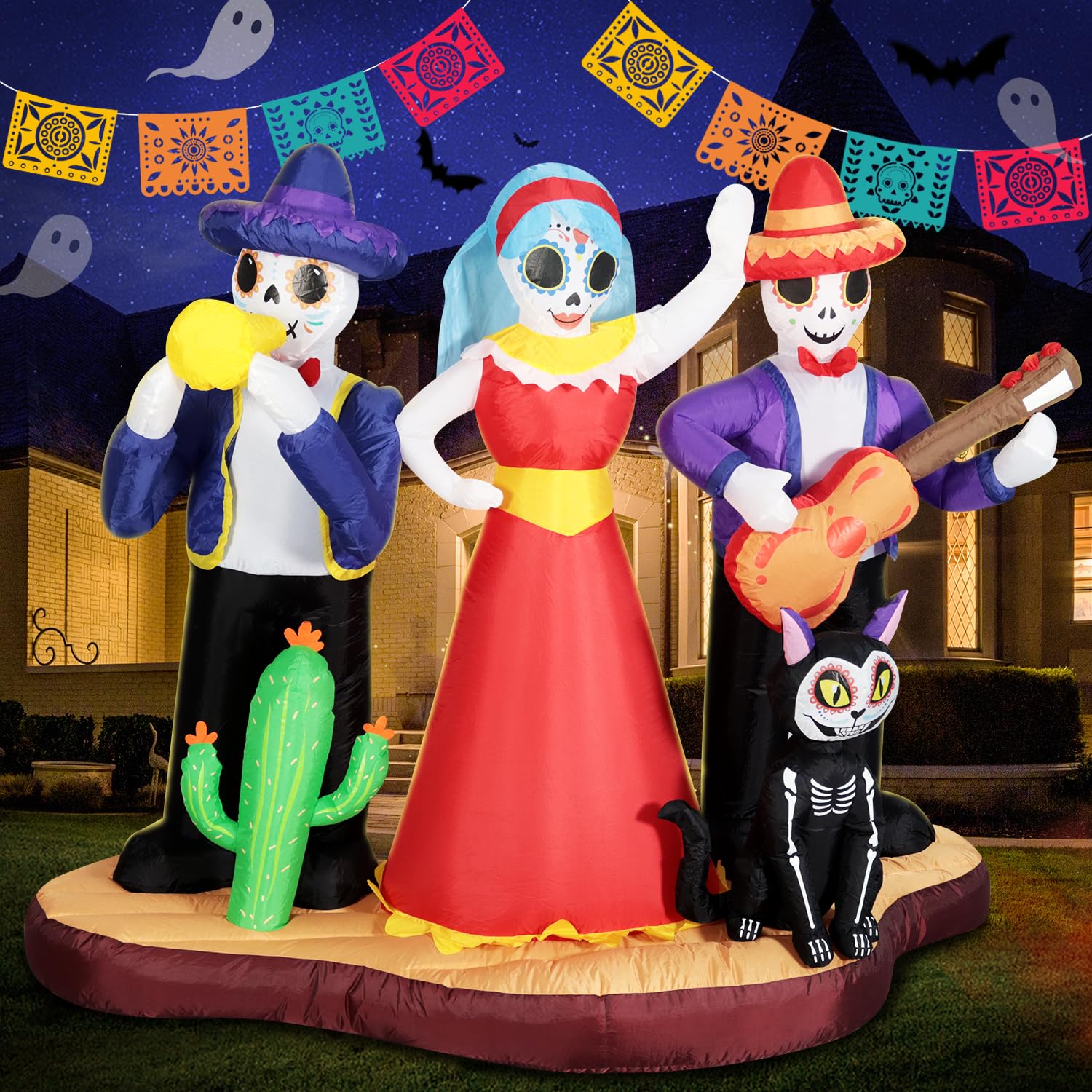 DomKom Halloween Inflatable Blow Up Decorations, Dia de Los Muertos 7FT Day of Dead Catrina Sugar Skull Band with Black Cat, Built-in LEDs for Holiday Party, Garden, Lawn, Yard, Patio Décor