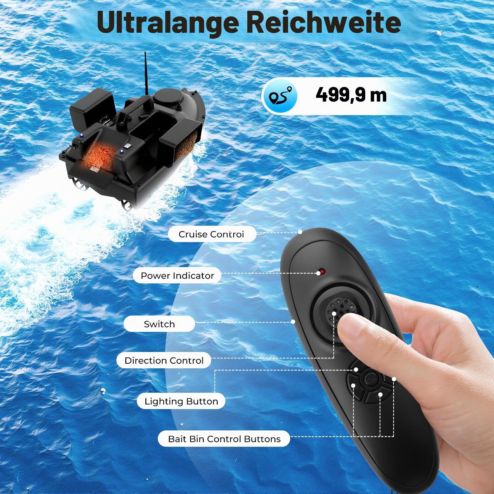 Ferngesteuertes Boot, RC Karpfenstarter, 500 m, kabellos, B-Boot mit 2 Motoren (3 Silos, schwarz)