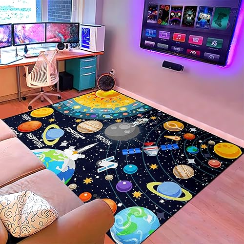 Miniatura 3 de Alfombra espacial para habitación de niños, alfombra de área con sistema solar, alfombra educativa para dormitorio de niños, aula, 3 x 5 pies