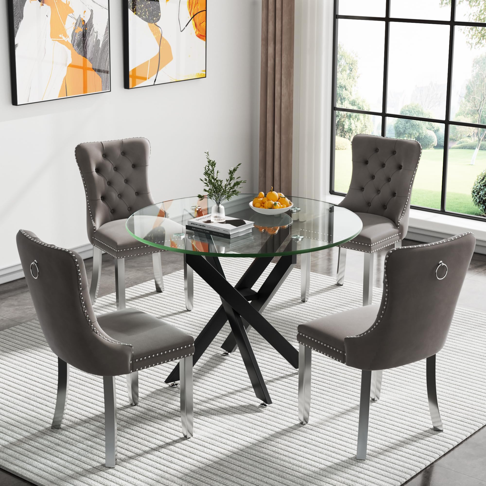 Pvillez Glass Dining Table Set for 4, Modern 36" Round Kitchen Table with 4 Velvet Dining Chairs and Black Cross Metal Legs, Modern Circle Dinner