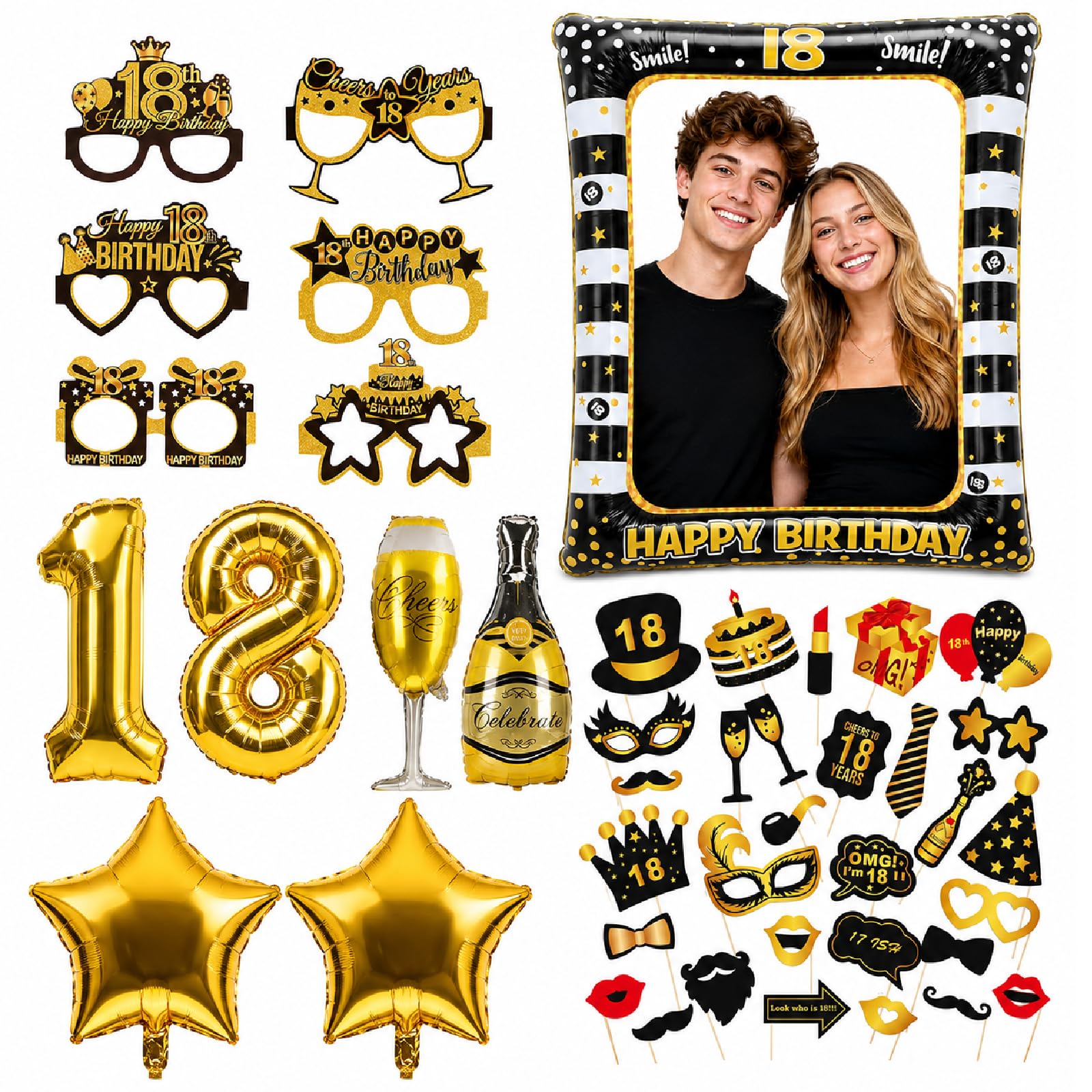 18th Birthday Decorations for Boys Girls, Black Gold Inflatable Photo Booth Frame, 8 Birthday Glasses, 30 Photo Booth Props & Balloon Set, Funny 18th Birthday Party Supplies