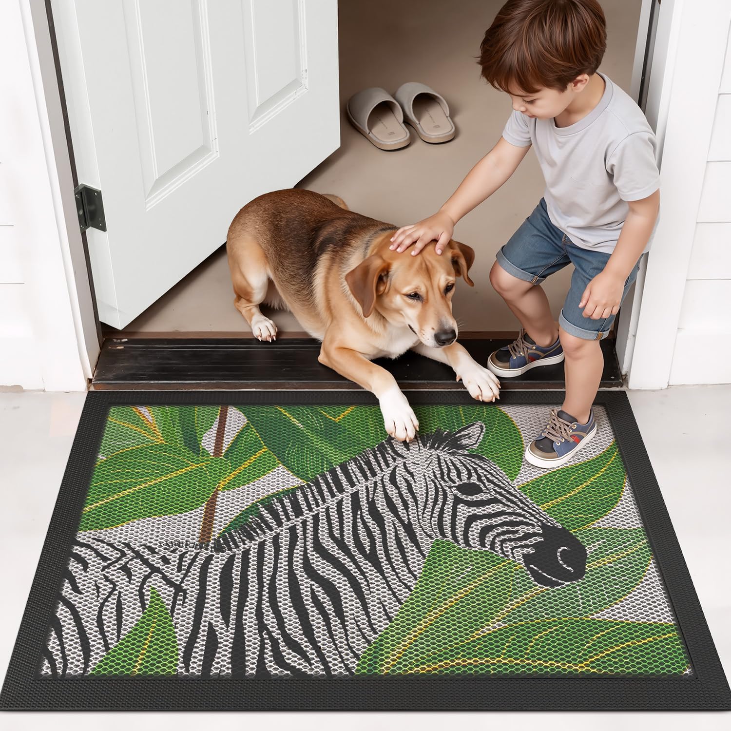 Condition photo showing New/Like New for lumi outside door mat 17x30, non slip rubber backing doormat, low profile easy clean entrance mats for front back door entryway porch garage, zebra zebra 17"x30"