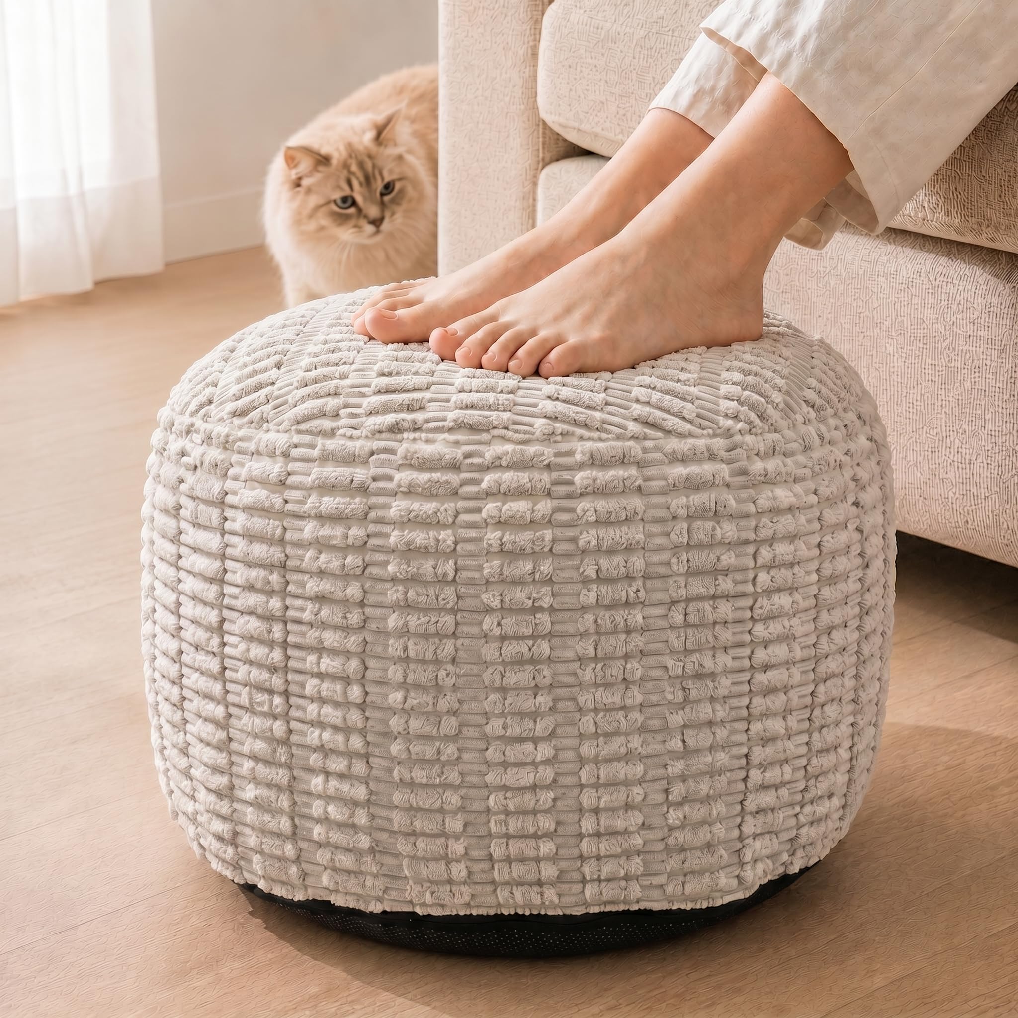 Round Pouf Ottoman, Light Gray, 20"x13", Corduroy Foot Rest