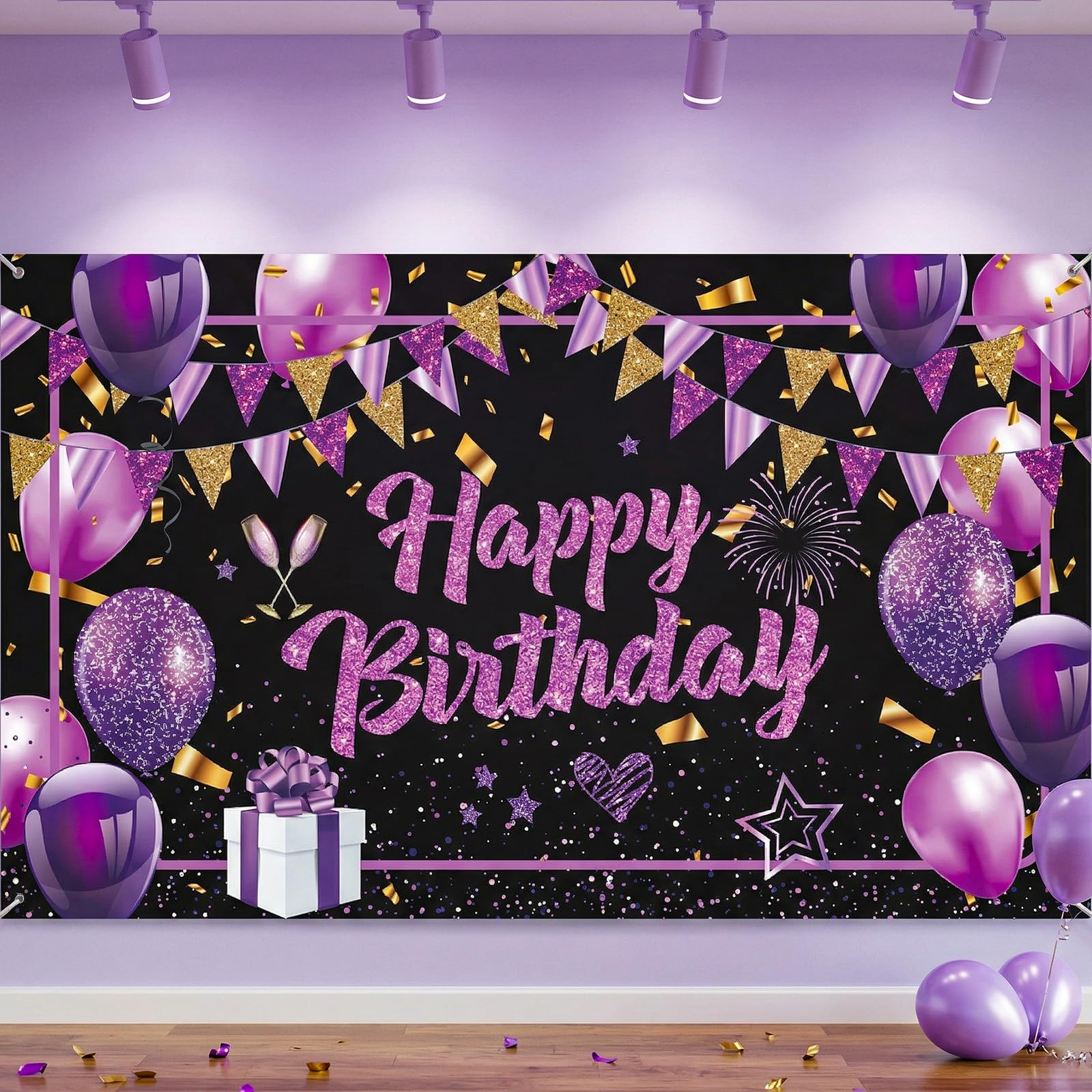Birthday Banner Backdrop Fabric Happy Birthday Sign Colorful Party Decorations Photo Booth Background Decor Sign Poster for Boys Girls & Adults, Extra Large 71 x 43 Inch (Purple)