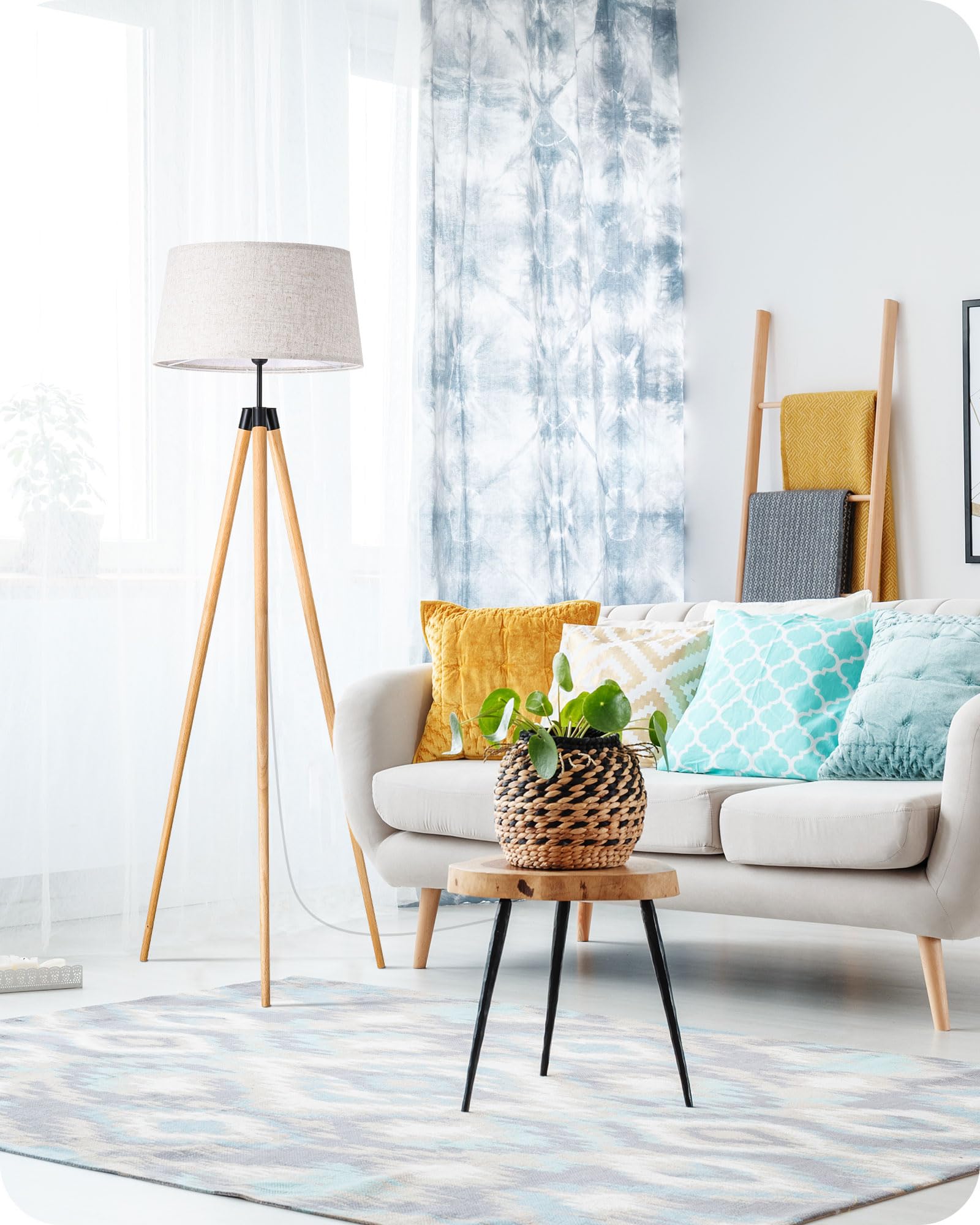 EDISHINE Lampadaire Trépied en Bois, Luminosité & Température de Couleur Variables en Continu, Contrôle par Télécommande ou Pédale, Abat-jour en Lin, Luminaires intérieur pour Salon, Chambre