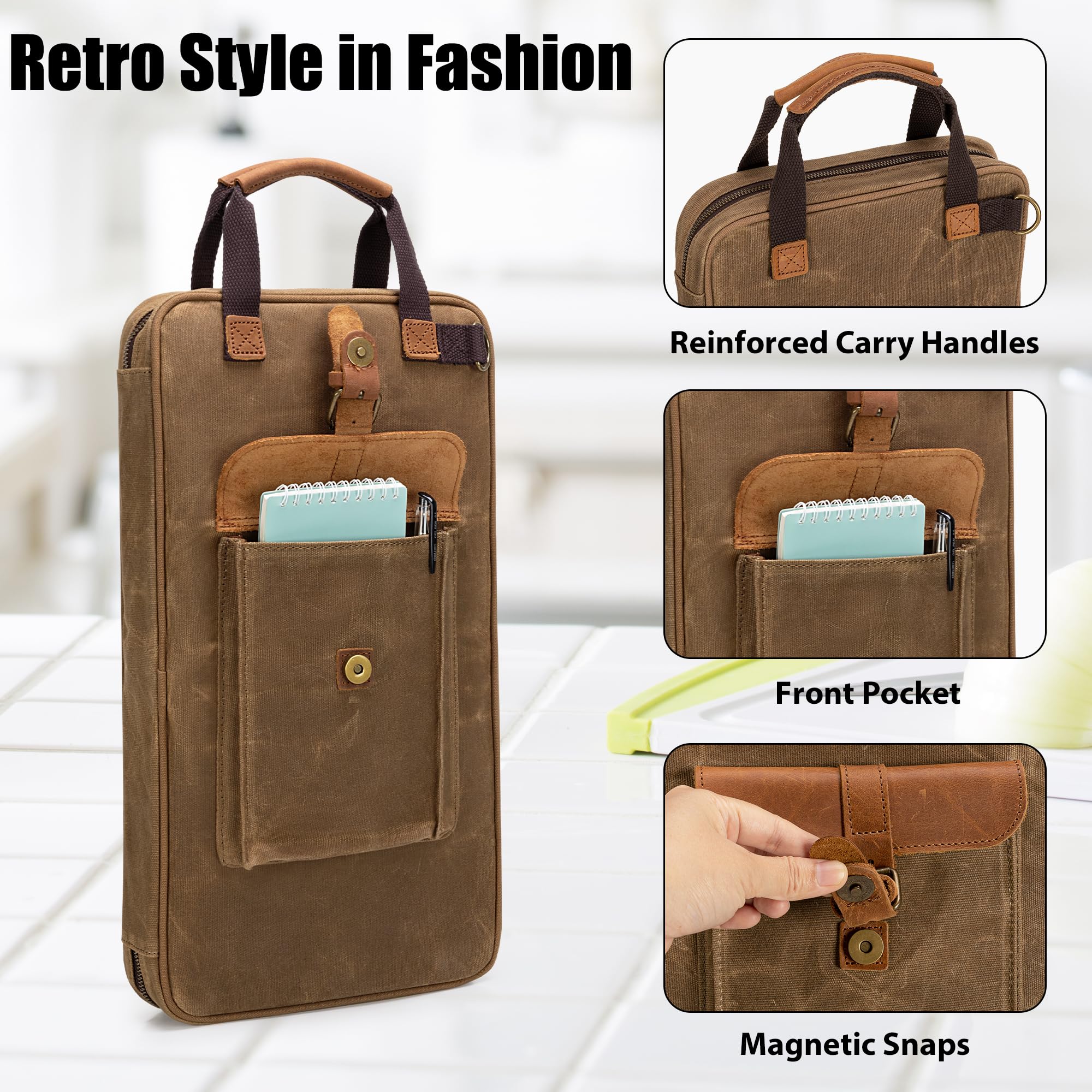 Damero Sac à Couteaux avec 13 Compartiments et 2 Poches Zippées en Filet pour Ustensiles, Malette Couteaux Professionnel avec Poignée et Bandoulière Amovible, Malette Couteaux Professionnel, Sac Seul
