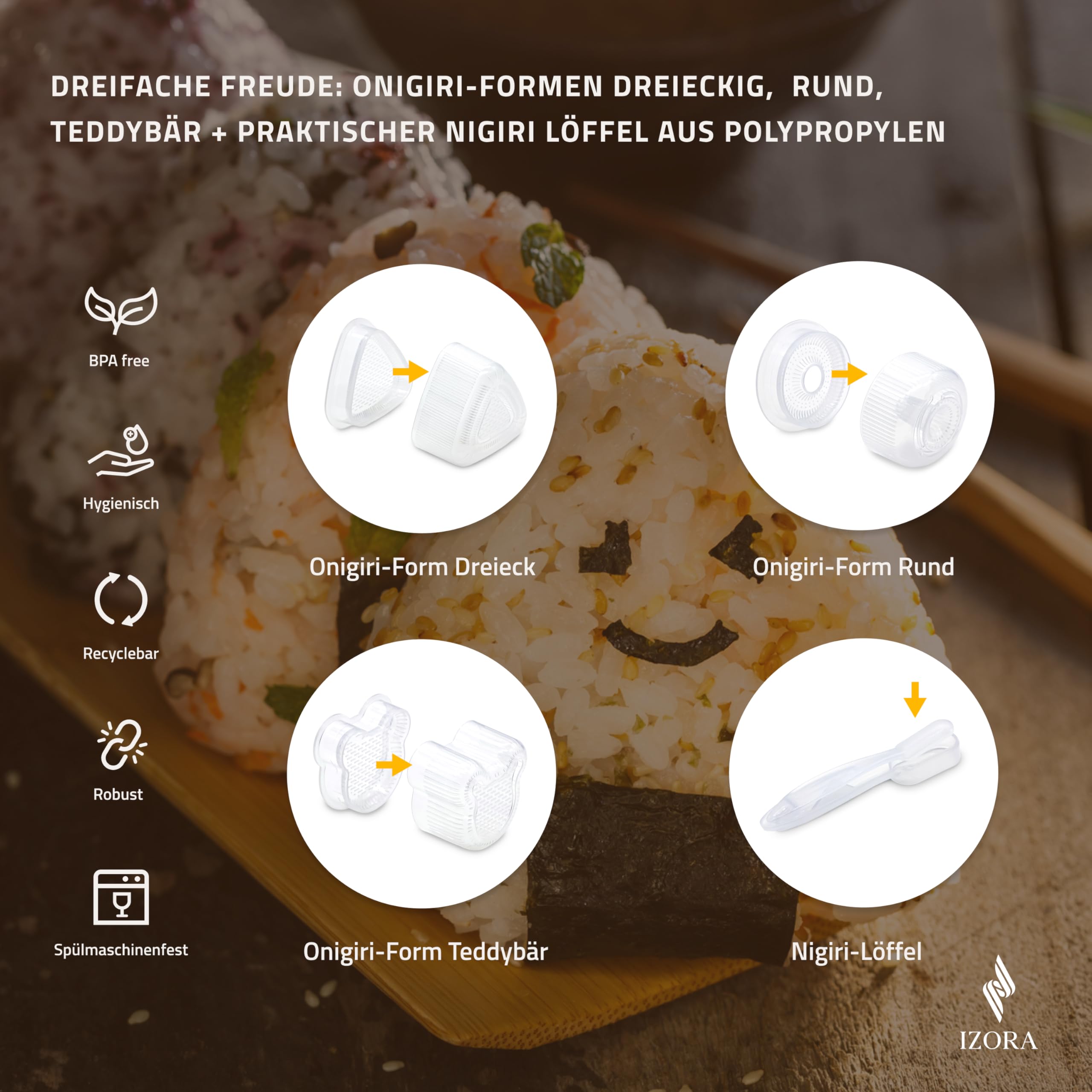 Izora Sushi Maker Set mit Anfänger-Guide inkl. ausführlicher Anleitung, einfache Rezeptvorschläge - Sushi Set zum selber machen mit stilvoller Geschenkbox, praktischem Stoffbeutel