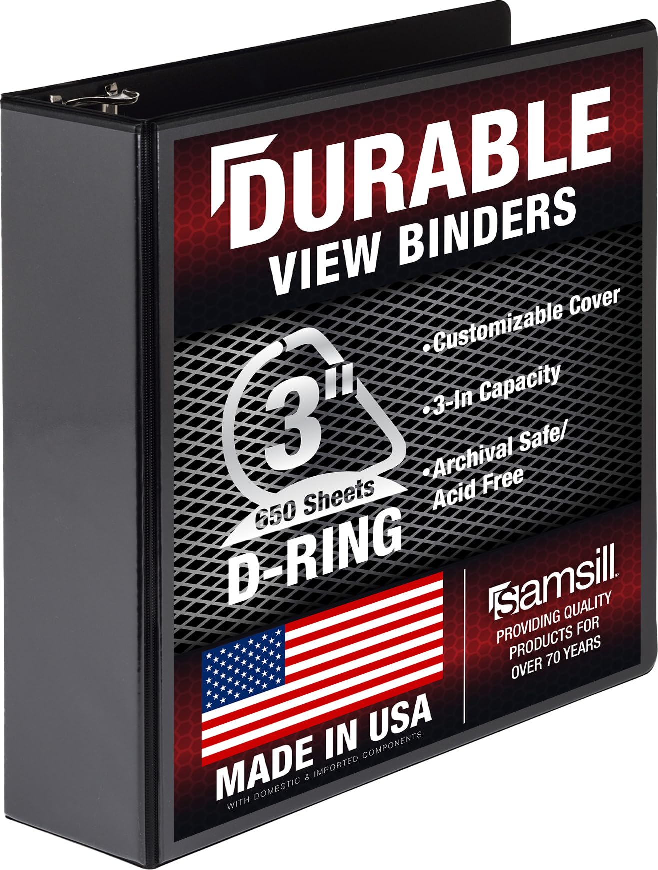 Samsill Durable 3 Inch Binder, Made in The USA, D Ring Binder, Customizable Clear View Cover, Black, Holds 625 Pages โ image 1