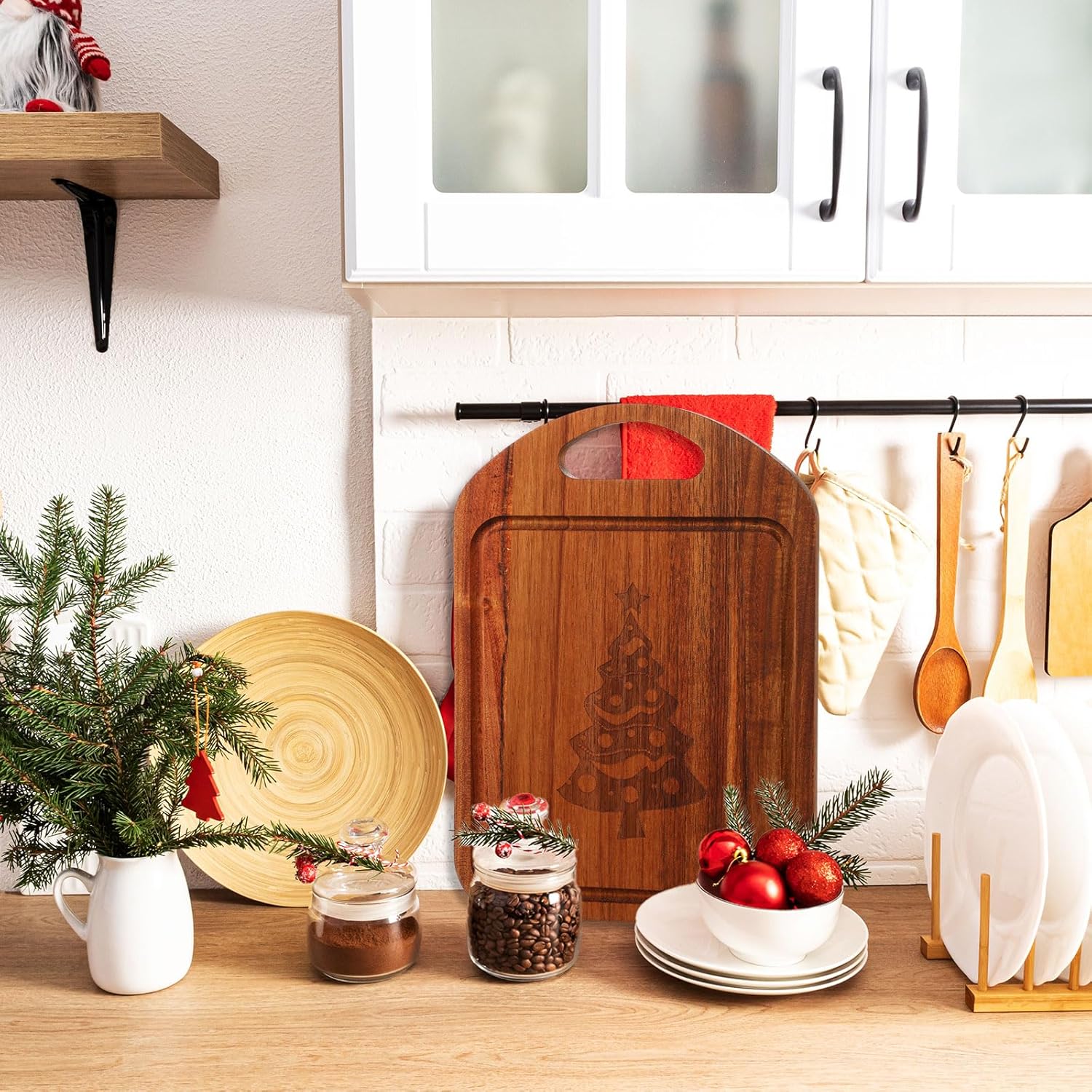 Sawysine 8 Sets Christmas Cheese Board Gift, Engraved Acacia Wood Cutting Board with Cheese Knife,Fork,tag,Charcuterie Boards for Holiday Party, Bridal Shower,Wedding, Housewarming Gifts(11" X 8")