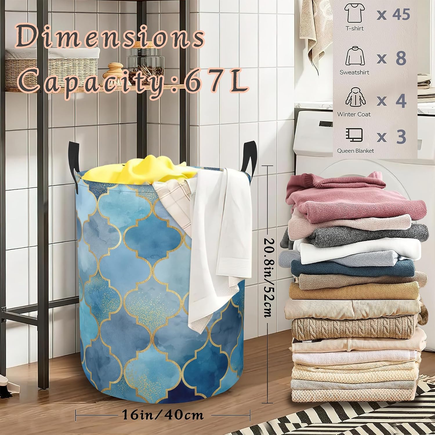 Abstract Boho Laundry Hamper,Blue Collapsible Laundry Basket with Handles Waterproof Storage Bin for Clothes Books Organizer Basket for Bedroom Bathroom Dormitories 16" x 20.8"