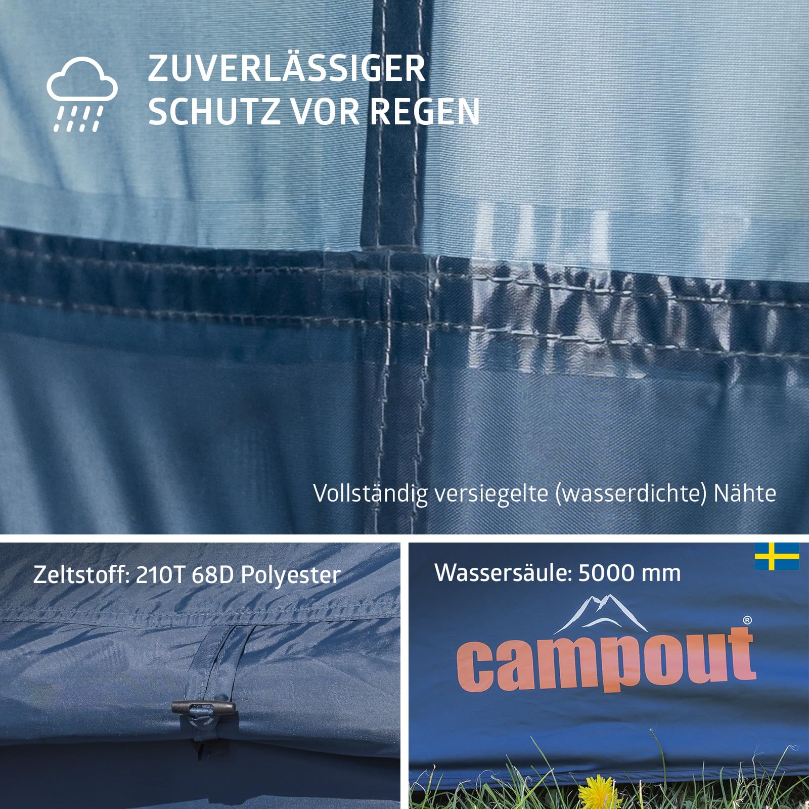 Campout 6-Personen Vis-à-Vis Kuppelzelt – 2 Schlafkabinen – 5000 mm Wassersäule – Wohnbereich – Aufbauzeit 15 Min – inkl. Vordachstangen, Heringen & Tragetasche