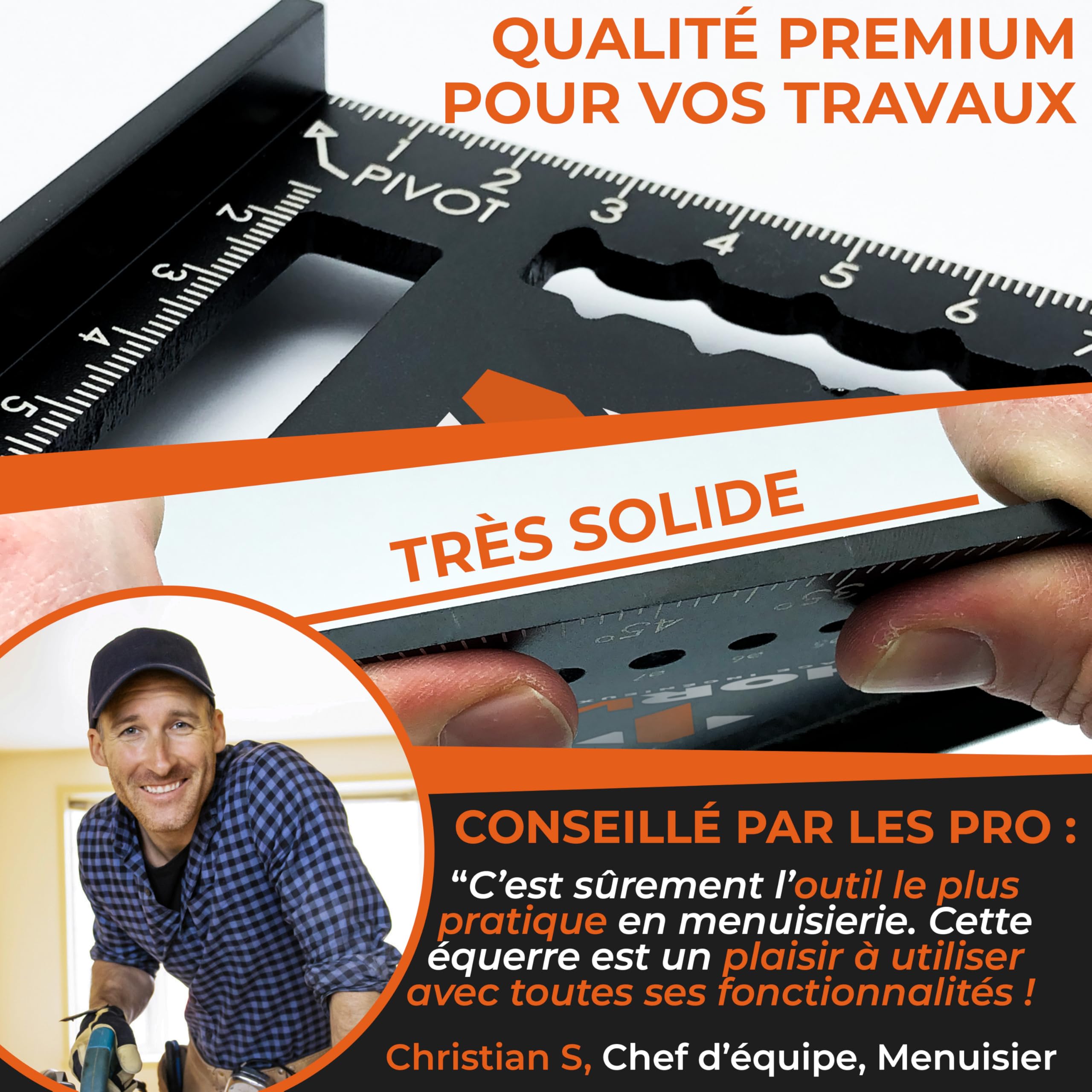 THORVALD Pack 7 en 1 Equerre Menuisier 180 mm + Charpentier 300 mm + Crayon Chantier - Multifonction : Trusquin/Raporteur/Pente de toit/Equerre a chapeau - Aluminium - Outil pour gagner du temps