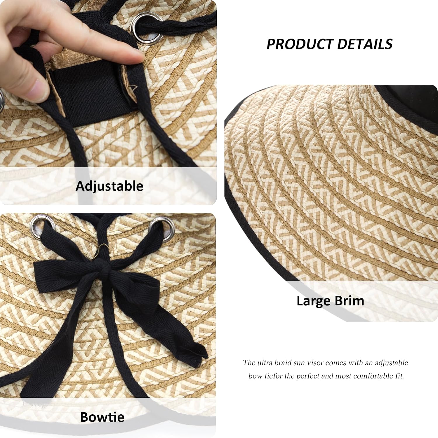 Women's Straw Visor Sun Hat – Wide Brim UV Protection, Foldable Adjustable Open-Top Ponytail Beach Hat