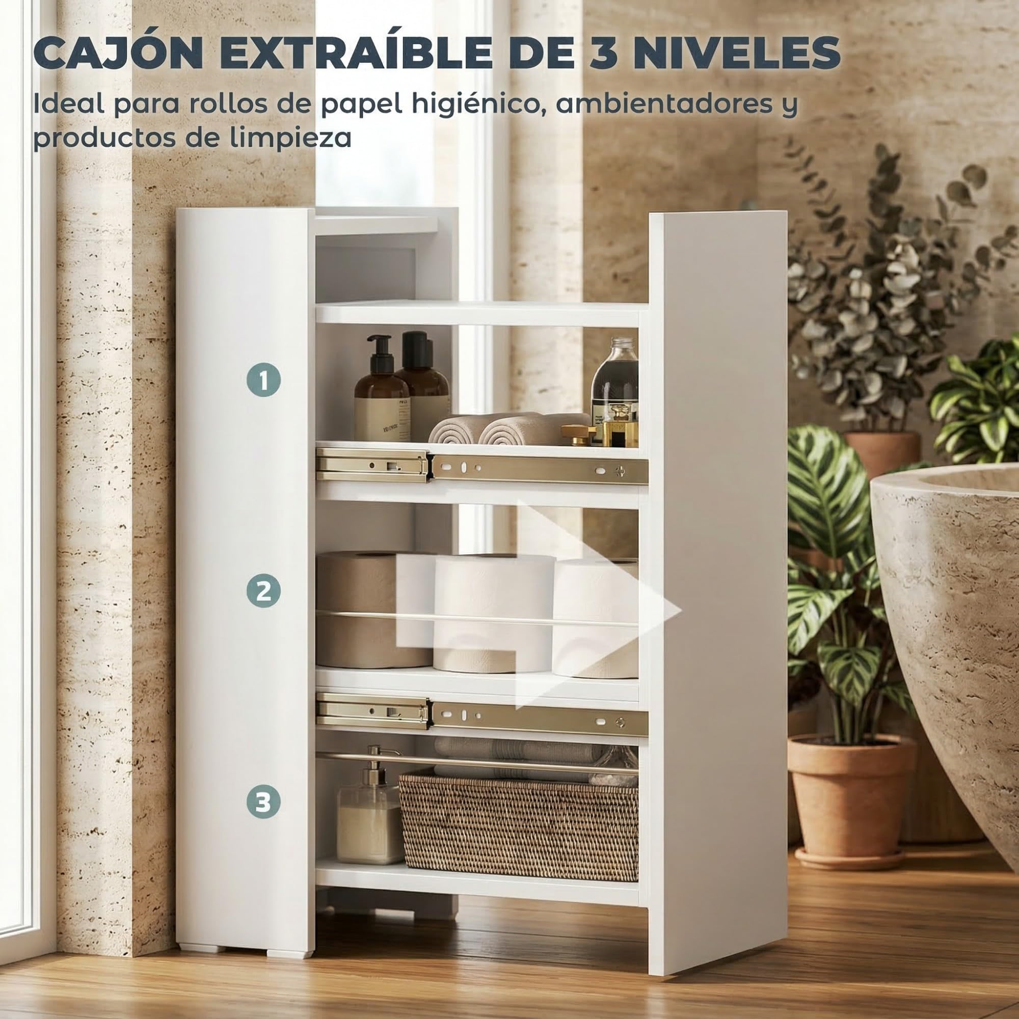 HOMCOM Armario de Baño Estrecho con Cajón Deslizante 47x30x66,5 cm Blanco
