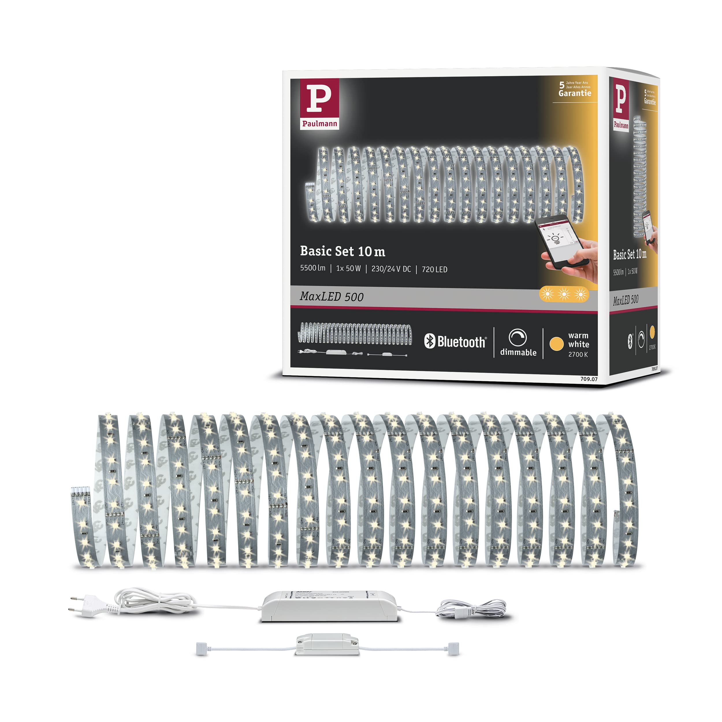 Paulmann 70907 Smarthome Maxled 500 Striscia Led Bluetooth da 10 M, 53.5 W, 2700 K, Luce Bianca Calda, Plastica, Argento