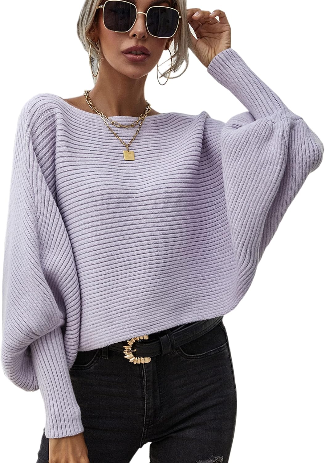ECOWISH Women Sweater Long Sleeve Color Block Knit Pullover Sweaters Crew Neck Patchwork Casual Loose Jumper Tops