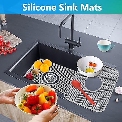 Miniatura 2 de Protectores de fregadero para fregadero de cocina, 2 alfombrillas de cocina de silicona de 13.58 x 11.6 pulgadas, protector inferior antideslizante