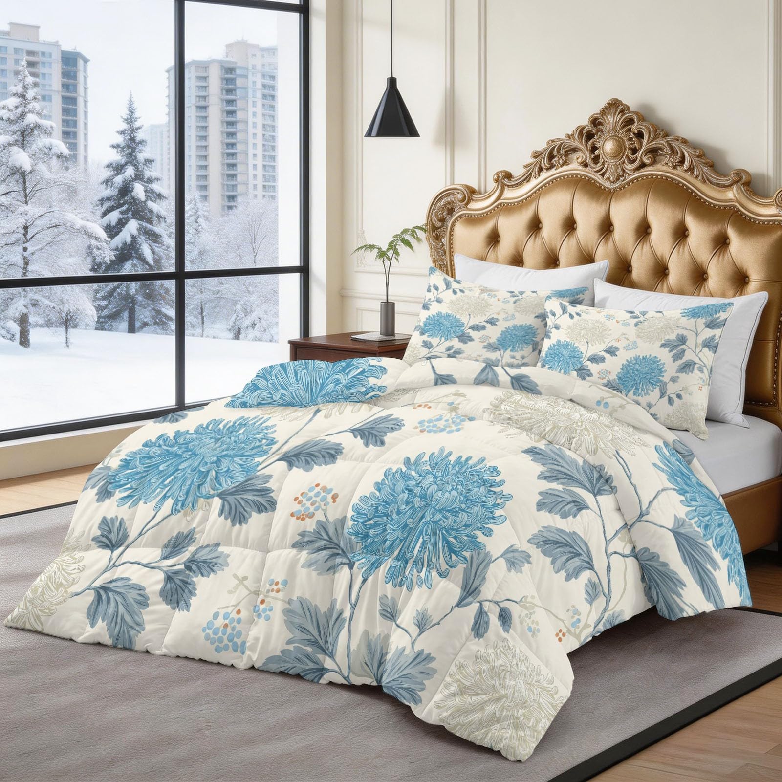 Piumone Invernale Matrimoniale 220 x 240 cm Motivo A Crisantemi Foresta Disegnato A Mano Trapunta in Ecopiuma 400 gr/mq, Caldo ed Elegante – Biancheria da Letto Anallergica e Traspirante, Crema
