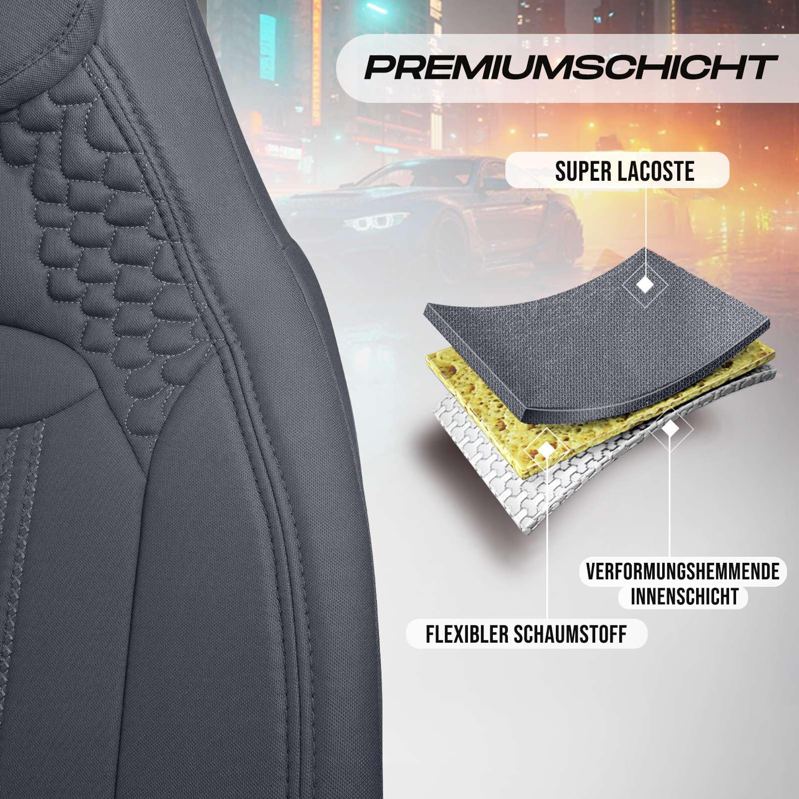 Autositzbezüge Universal für PKW & SUV – Premium Vordersitze Auto Sitzbezug aus Lacoste-Stoff, Rauchgrau, Airbag-Kompatibel Sitzauflage, Autoschonbezug, Vordersitz-Set inkl. Montageset
