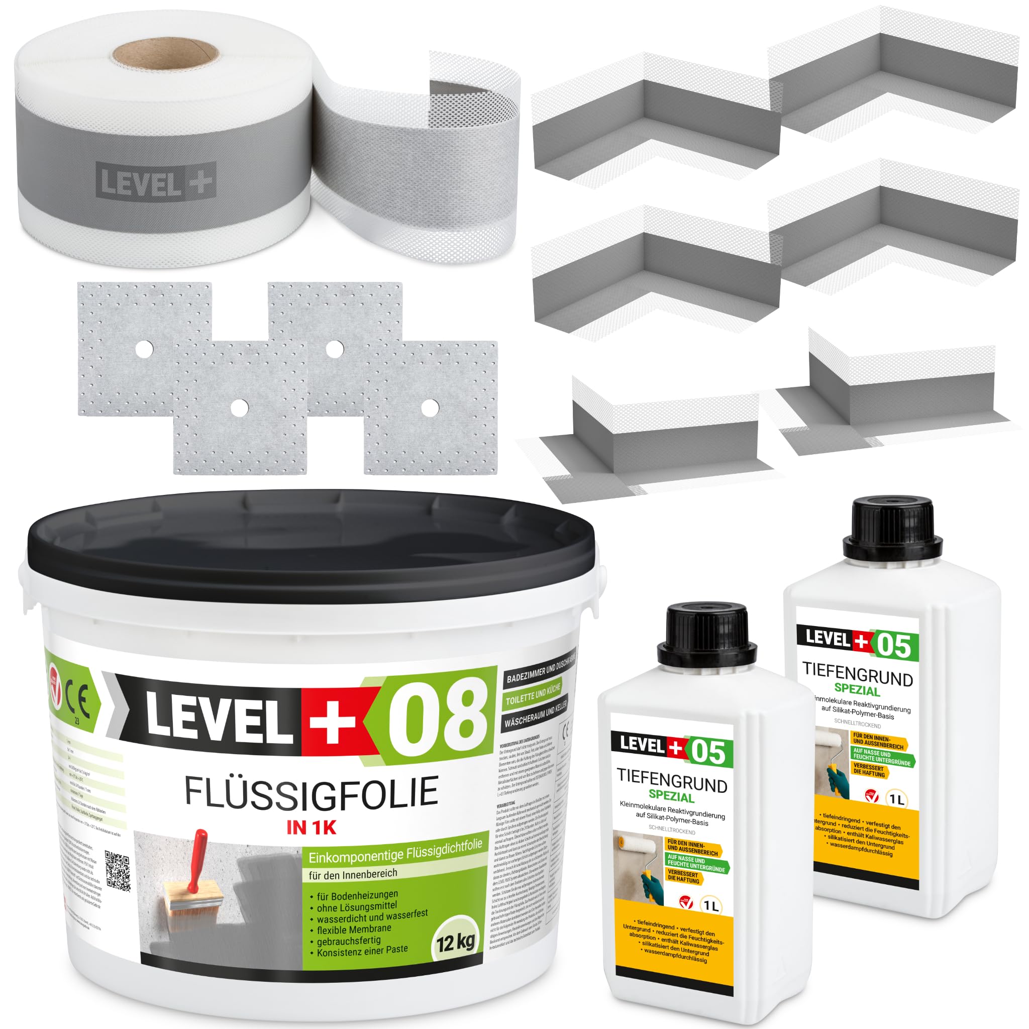 Dicht-Set Bandset Dusche Bad 12 Kg Flüssigfolie, 2L Tiefengrund 20m | Dichtband, 4 Innenecken, 2 Außenecke, 4 Wandmanschetten SET101