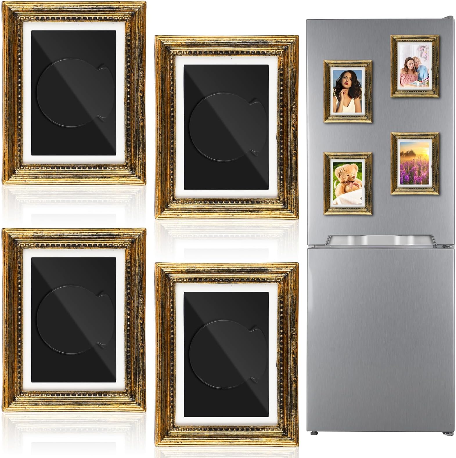 – 4 Pcs Refrigerator Magnetic Vintage Frame 9 x 7 CM Small Vintage Refrigerator Magnets Picture Frames Mini Antique Ornate Gold Photo Frame Insert for Photos Painting Stuck on Fridge