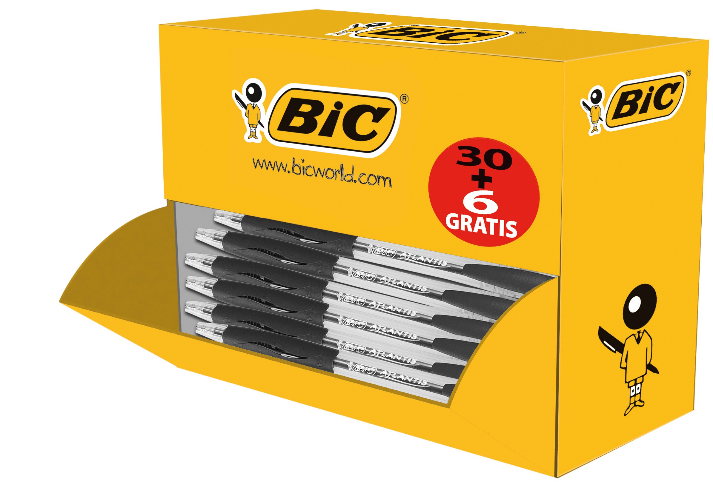 BICAtlantis Classic Retractable Ballpoint Pens Medium Tip 1.0 mm - Box of 30 + 6 - Black
