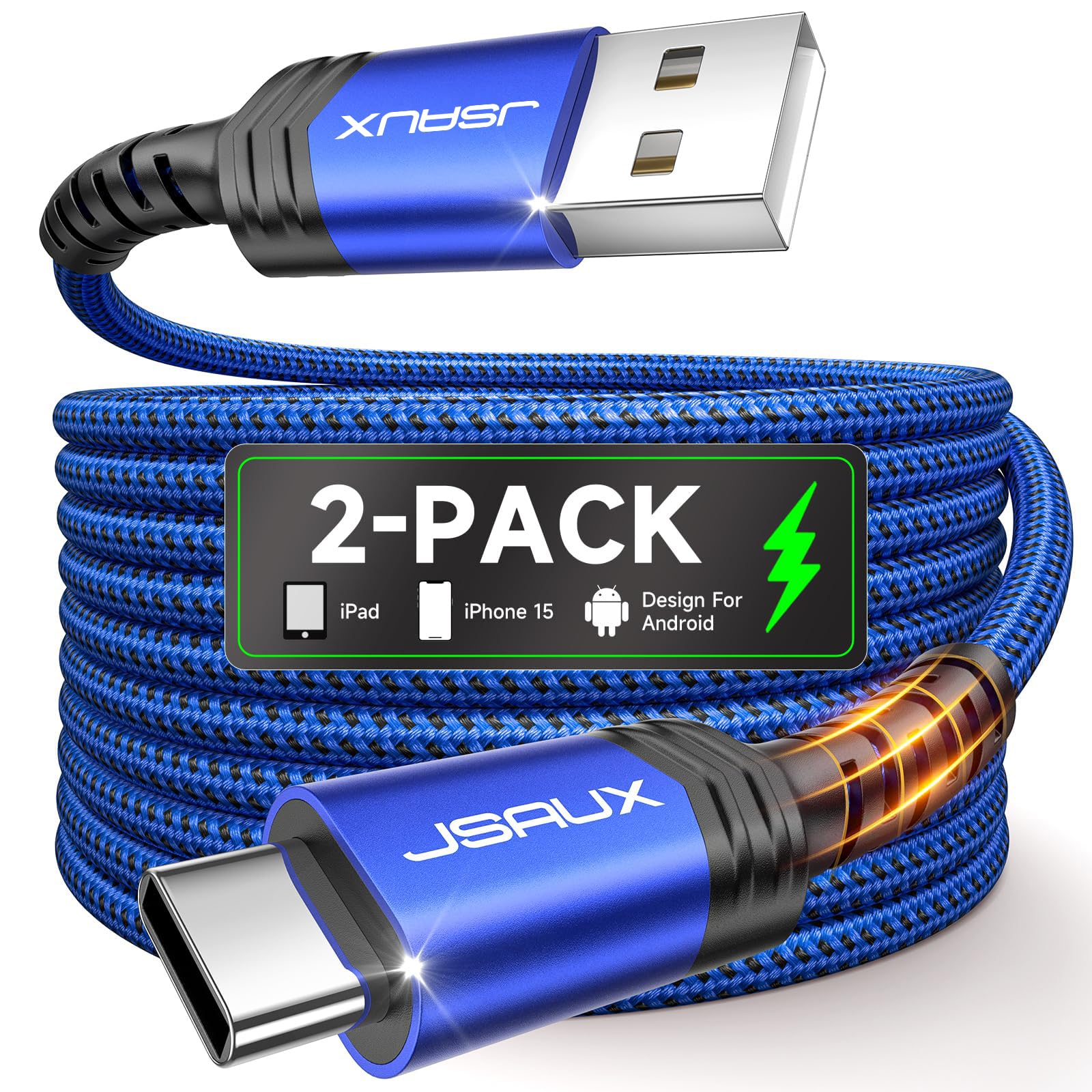 JSAUX USB C Cable [2-Pack 6.6ft], USB A to USB Cord Fast Charging for iPhone Air, iPhone 17, iPhone 17 Pro, iPhone 17 Pro Max, iPhone 16/iPhone 15 Series, Samsung S20 S10, Note 20 10, Car Play - Blue