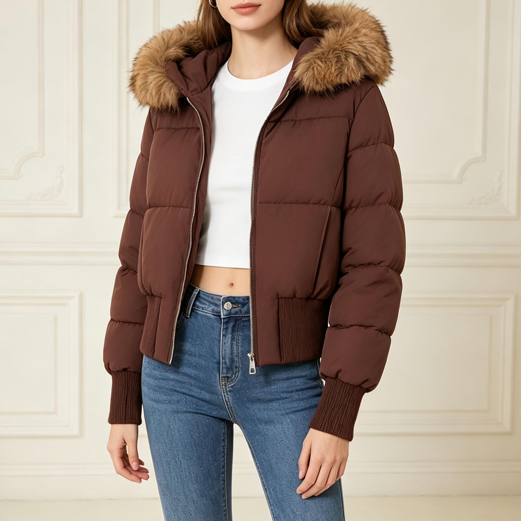 Bonita chaqueta corta acolchada de piel sintética para mujer, abrigo de