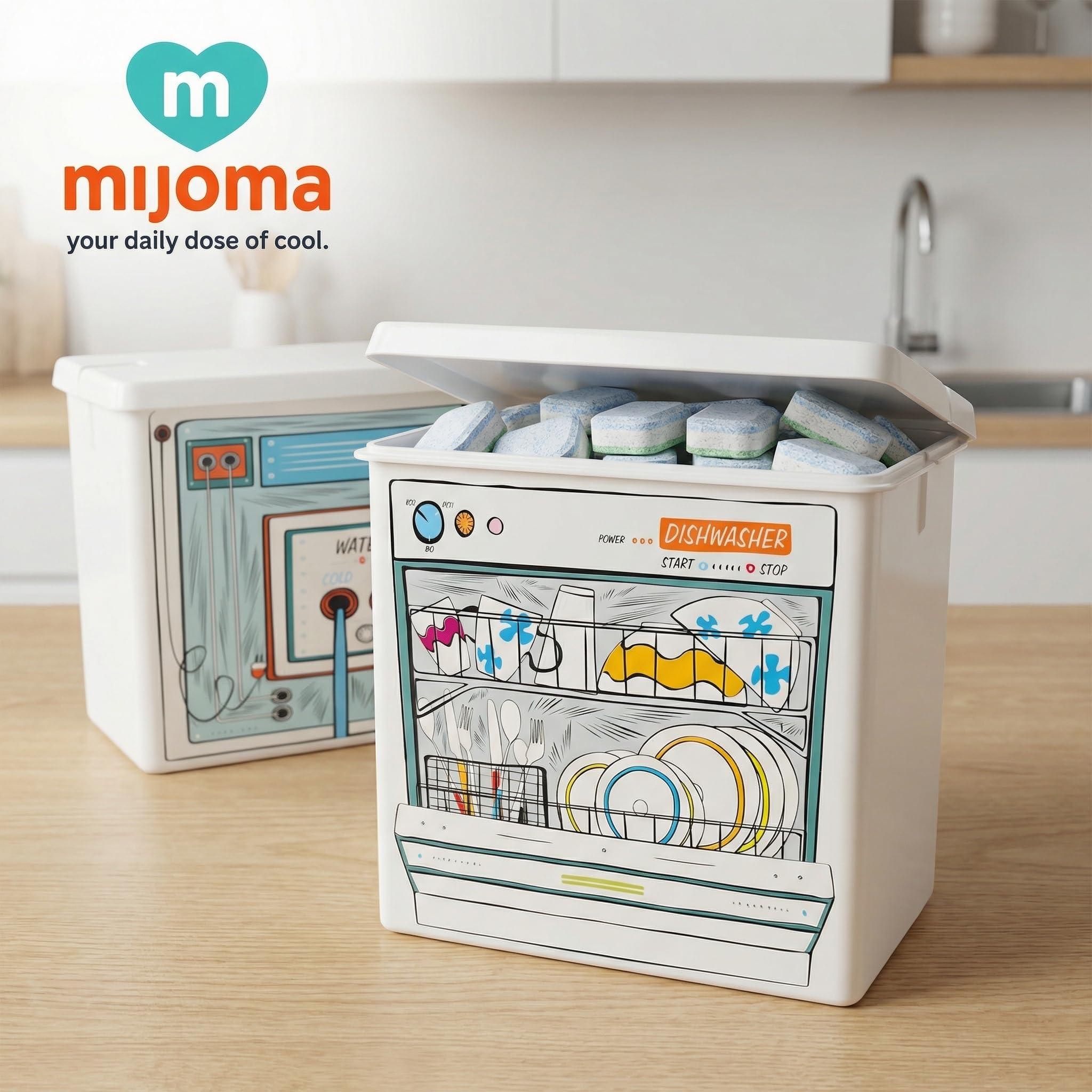 MIJOMA Aufbewahrungsdose Geschirrspültabs Kunststoff mit Deckel – Retro Design Geschirrspüler Optik – Spülmaschinentabs Box 18x16,5x10 cm – Behälter für Tabs oder Pulver Küche Küche, Haushalt & Wohnen