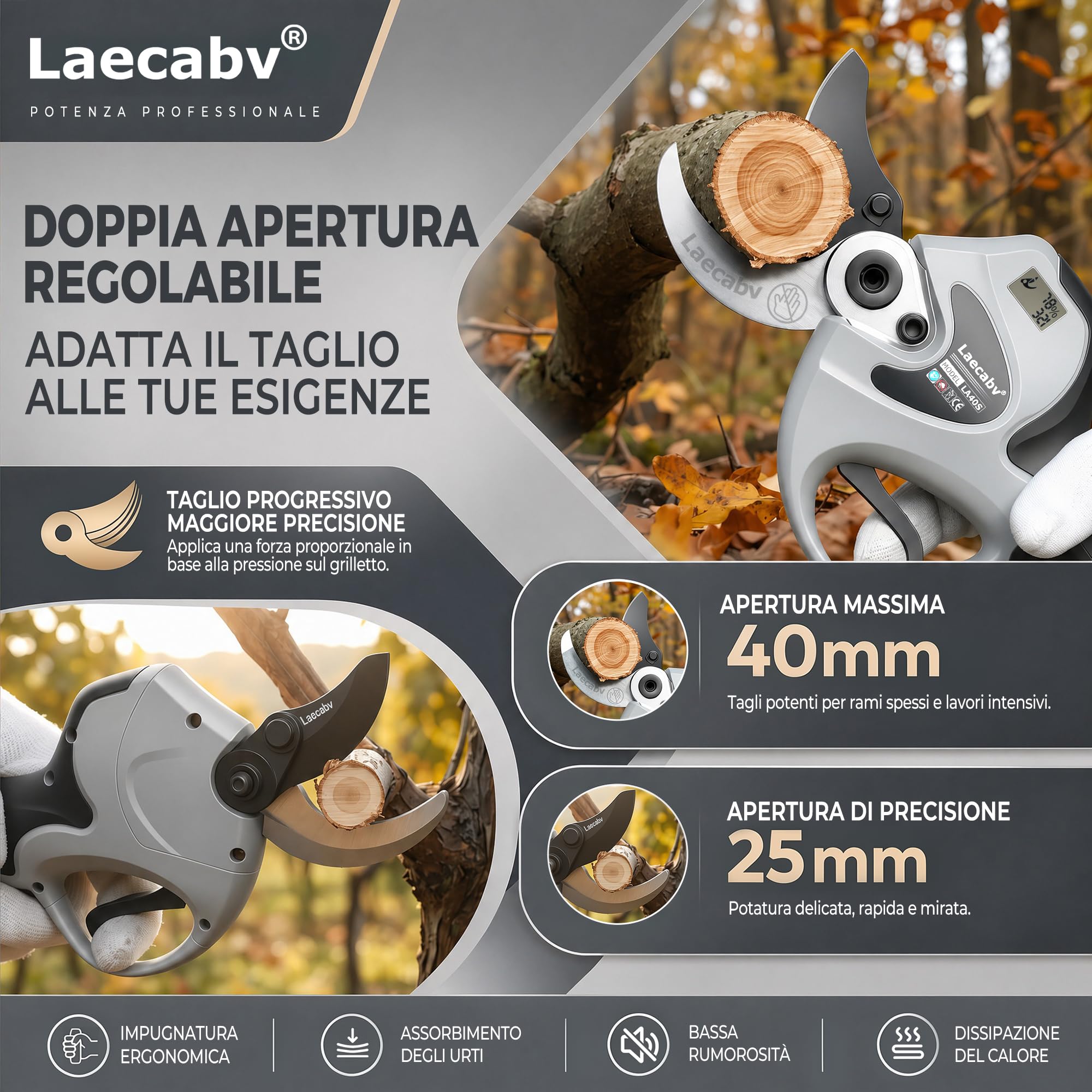 Laecabv 40mm Forbici Potatura a Batteria, Professionali, LCD,2 Batterie di Litio da 4Ah, Taglio Progressivo, Forbici Potatura Elettriche da Cesoie Olivo Vigneto (LA40SGYBK)