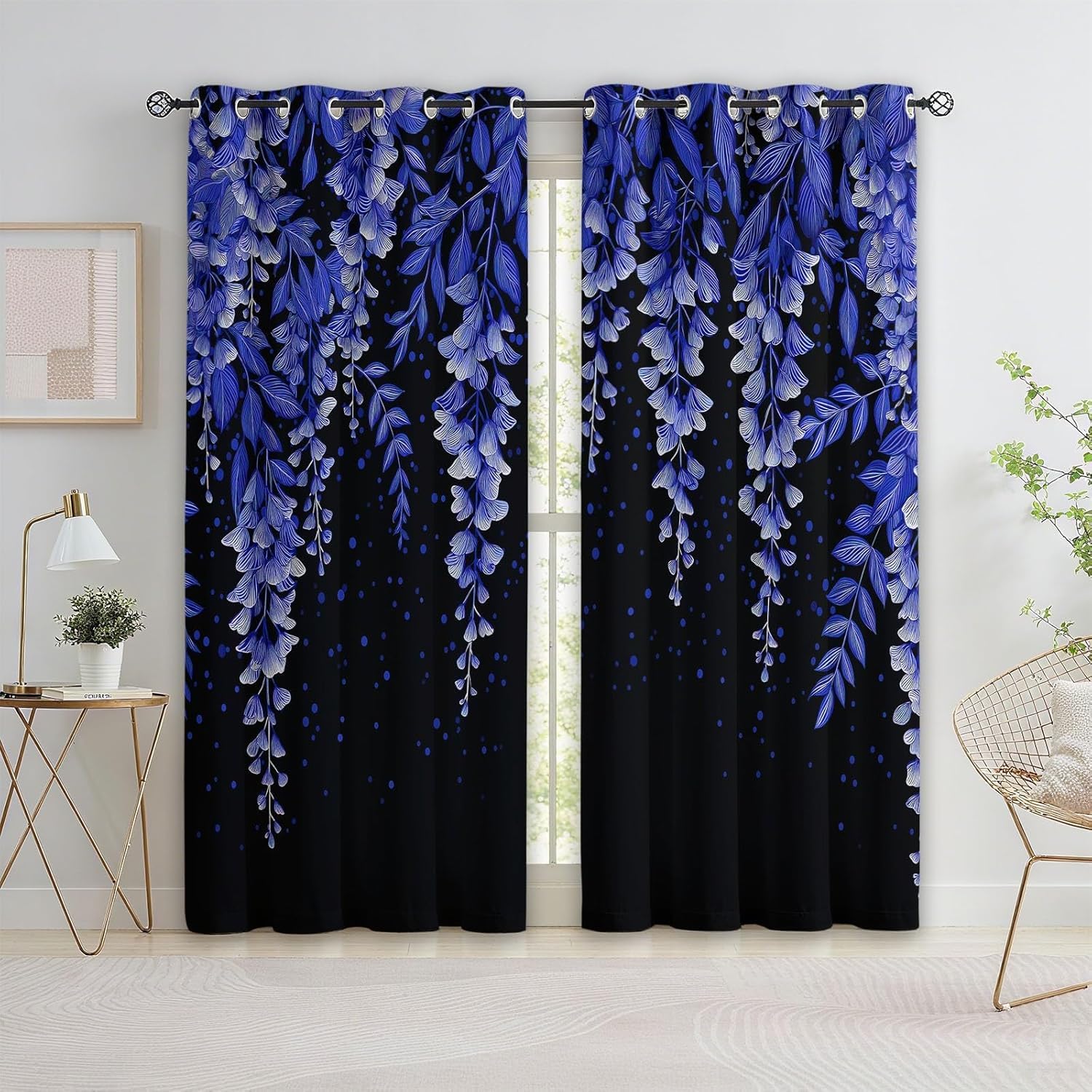 Rideaux occultants fleur de glycine bleu foncé contre chaleur et lumière