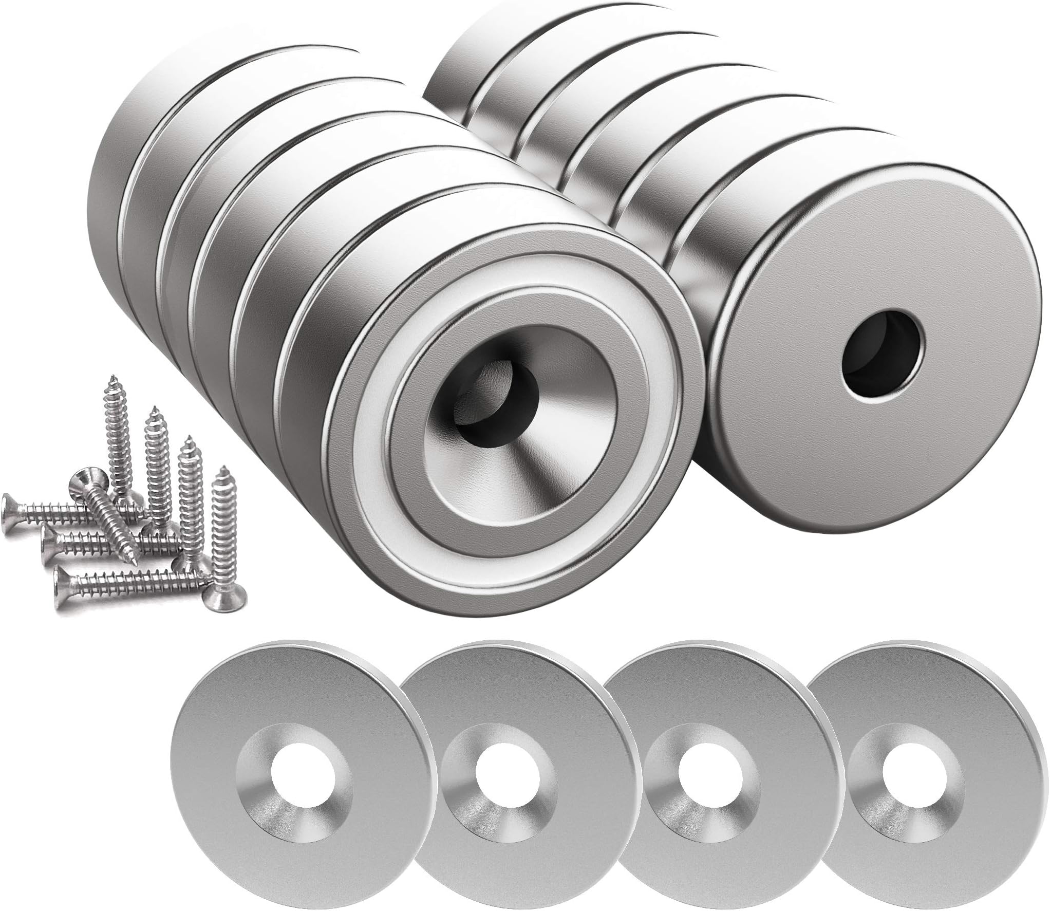 Magnetpro 12 Pieces Magnet 25 LB Force 20 x 7 mm with Countersunk Hole and Steel Capsule, Pot Magnets with Screws and 12 Steel Pads (Bright Silver)