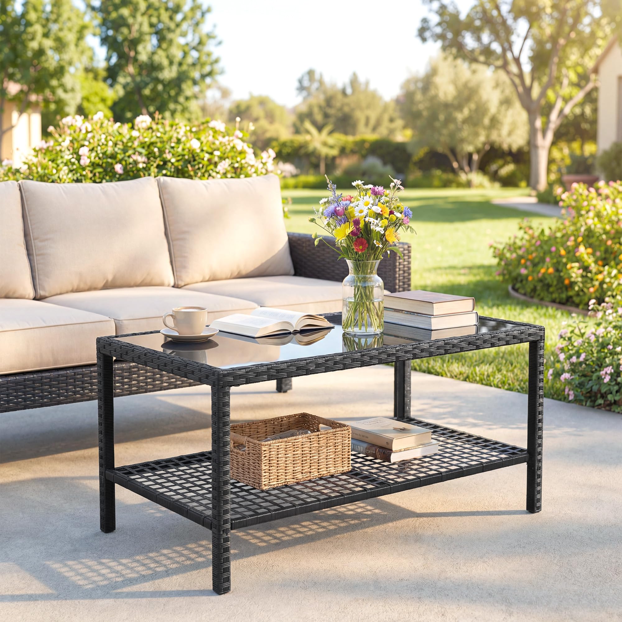 Outsunny Mesa de Jardín de Ratán, Mesita Auxiliar con Estante, Tablero de Vidrio Templado, Estructura de Acero, para Terraza, Patio, Balcón, 92x50x45 cm, Negro