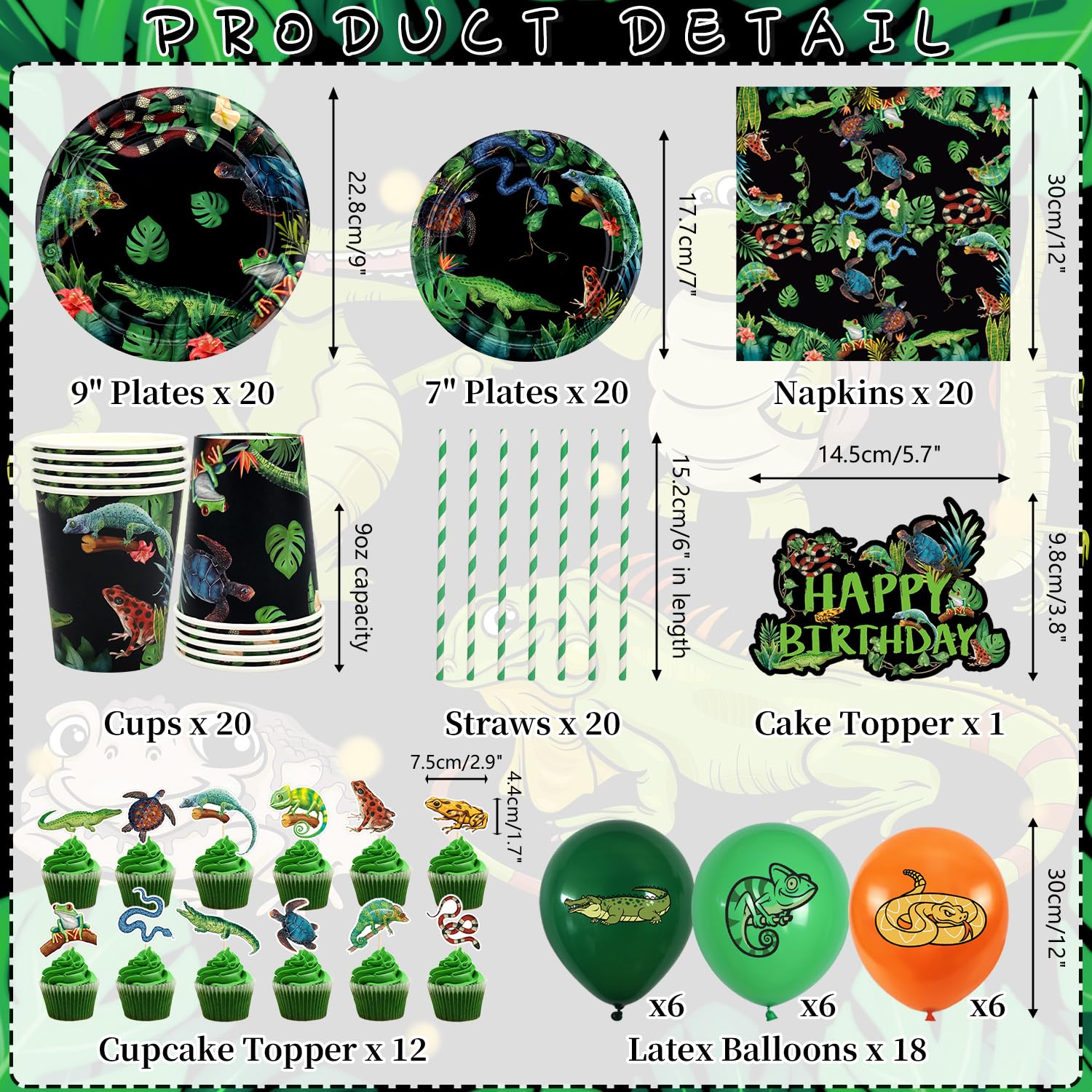 Reptilien Geburtstagsparty-Deko Set – Inkl. Banner, Teller, Becher, Servietten, Ballons & Tischdecke Für Bis Zu 20 Gäste