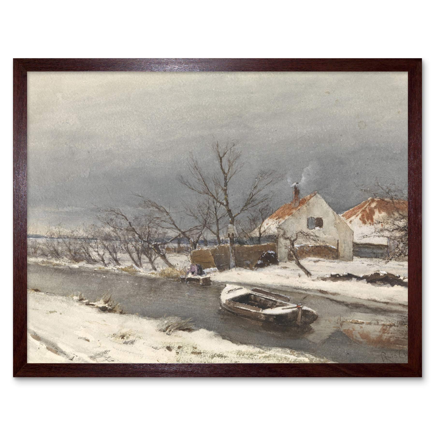 Artery8 Louis Apol Winter Landscape Houses Canal Painting Art Print Framed Poster Wall Decor 12x16 inch