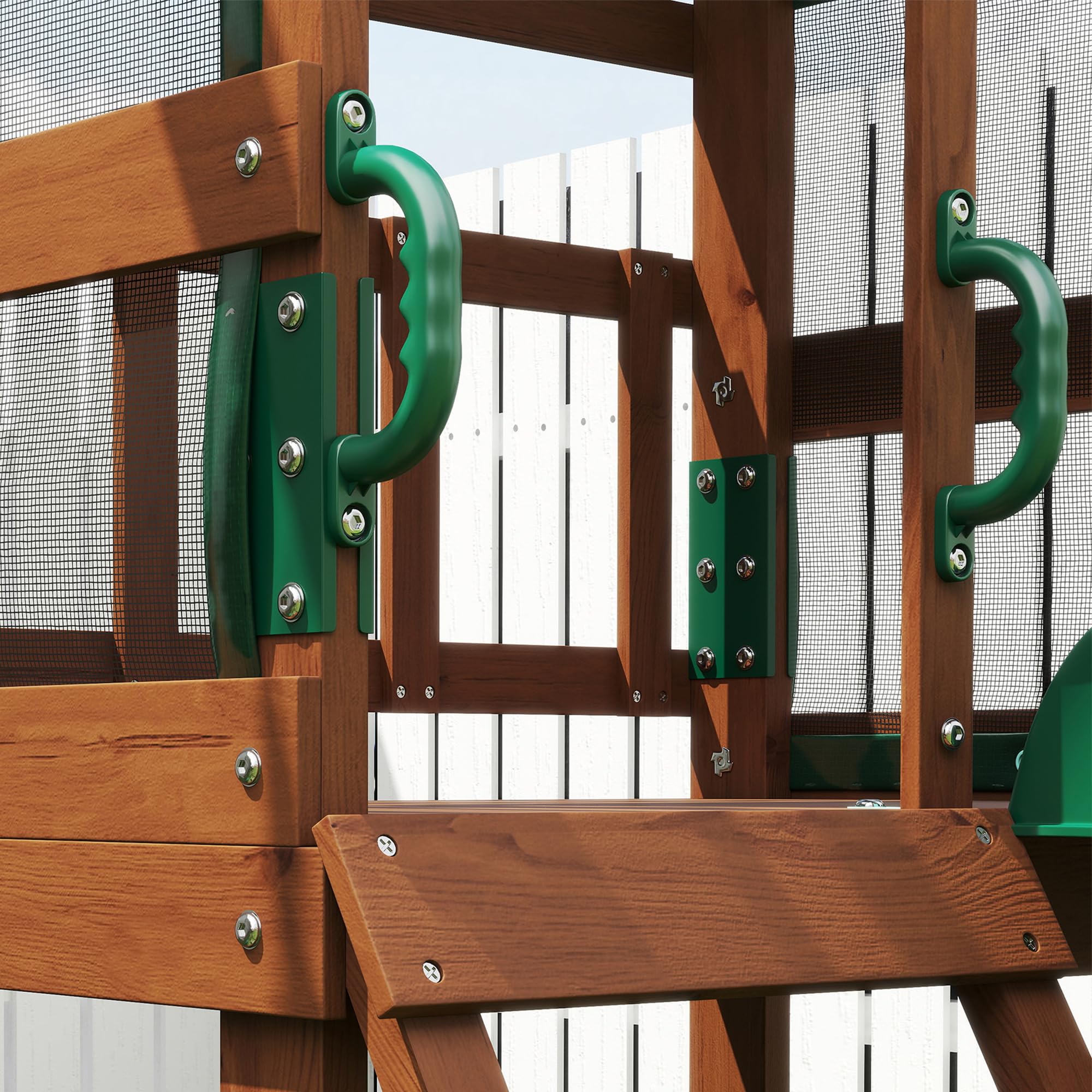 AIYAPLAY Aire de Jeux portique en Bois 2 balançoires Toboggan 3-8 Ans | Mur d'Escalade et Terrasse Couverte, Tour d'escalade pour enfants