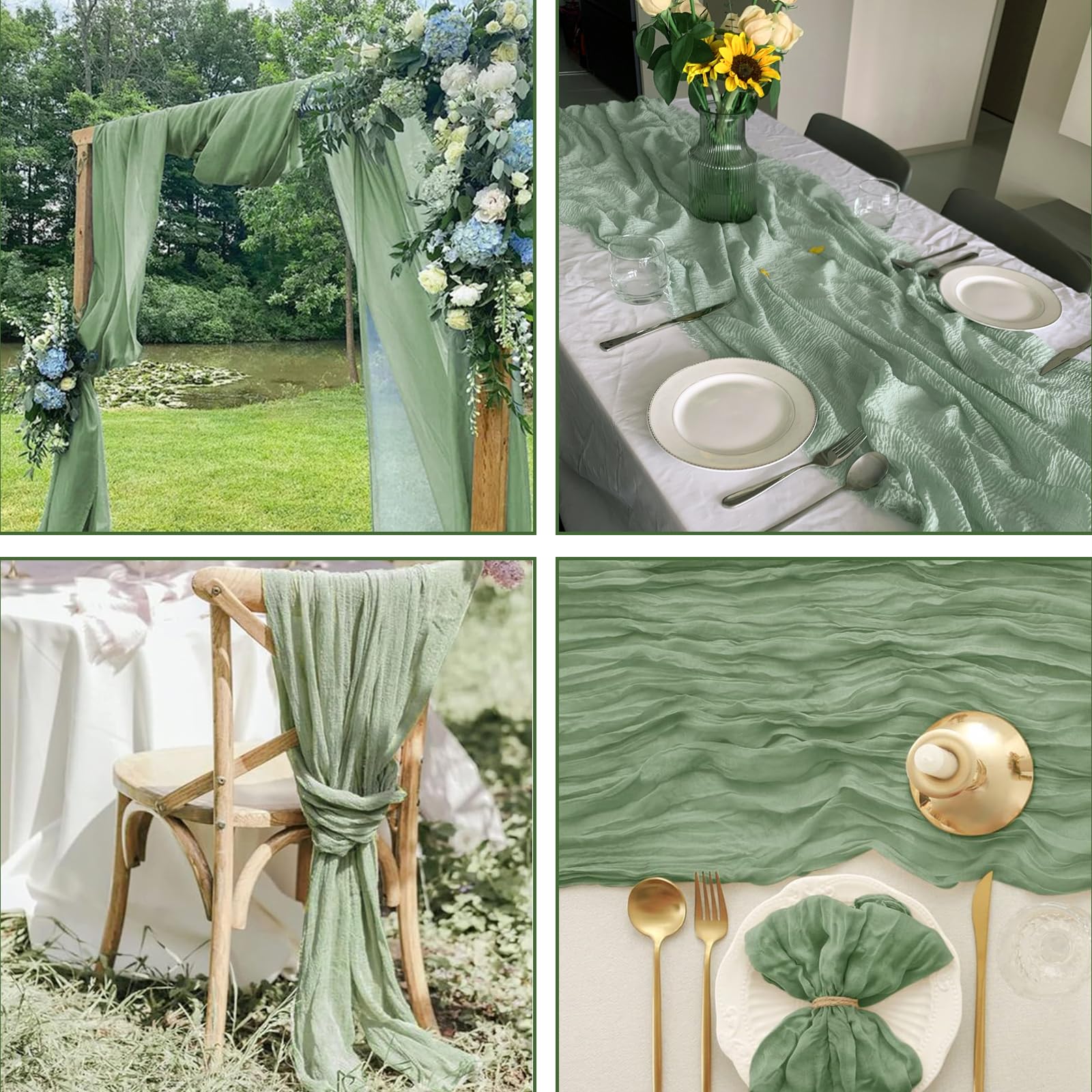 Tischläufer Eukalyptus Grün 4 Stück, mit 9 Eukalyptuszweig Deko Käsetuch Cheesecloth Musselin Salbeigrün Tischläufer Boho 90x300 cm Lang Hochzeit Geburtstag Tischdeko (Packung mit 2)