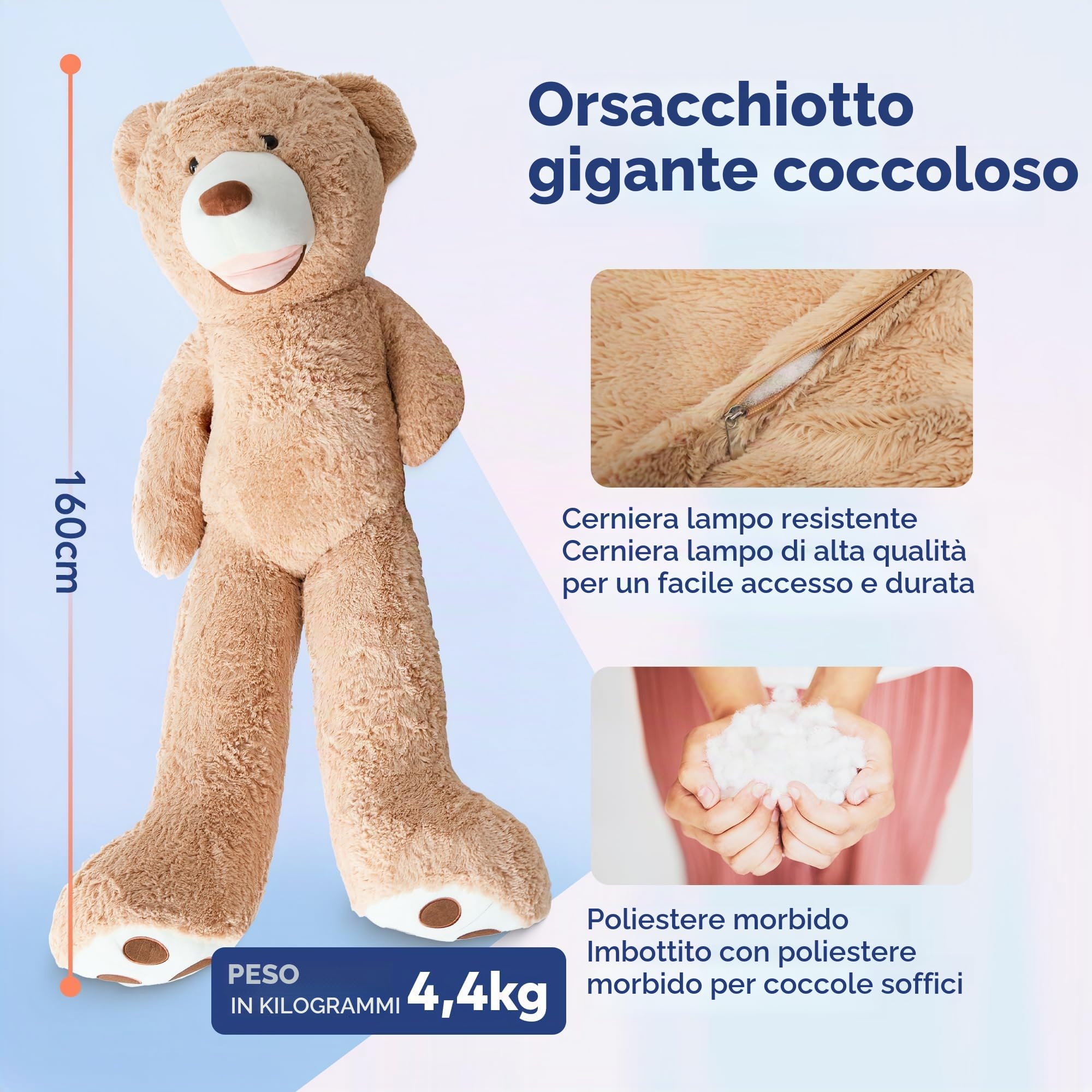 MKS Orso Peluche Gigante 160 cm con Rivestimento Lavabile Zip Duratura | Pupazzo Grande, Regalo Perfetto per Tutte le Occasioni, Orsacchiotto e San Valentino